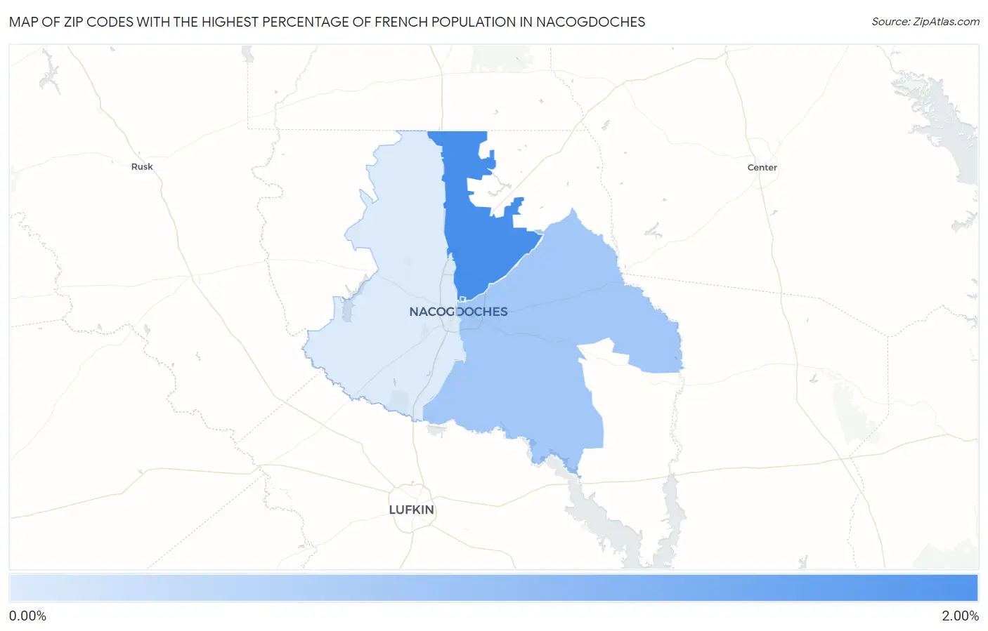 Zip Codes with the Highest Percentage of French Population in Nacogdoches Map