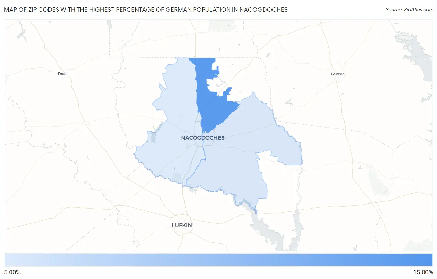 Zip Codes with the Highest Percentage of German Population in Nacogdoches Map