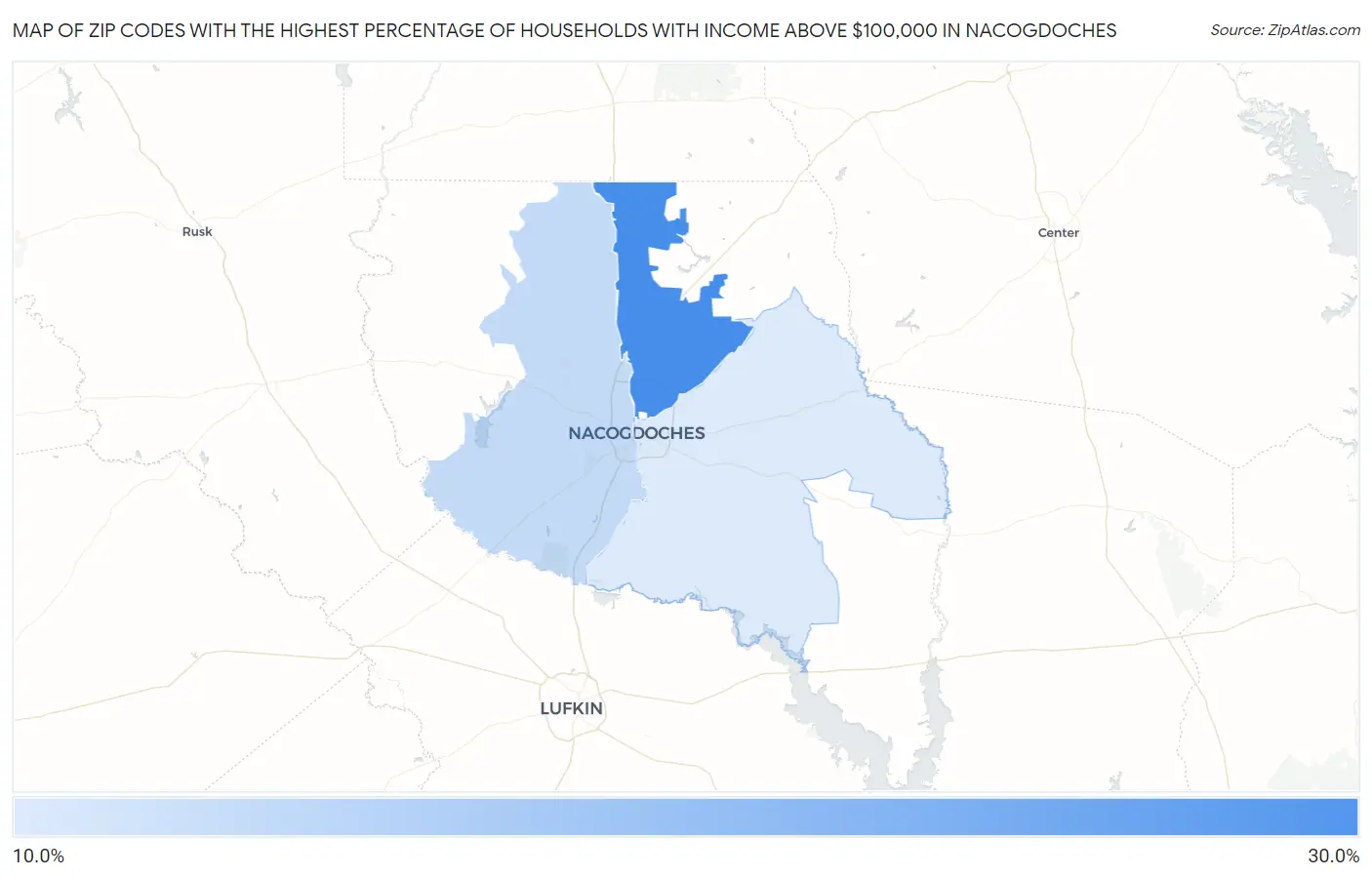 Zip Codes with the Highest Percentage of Households with Income Above $100,000 in Nacogdoches Map