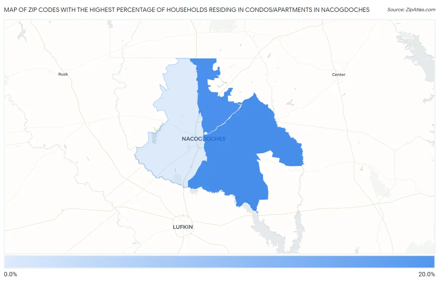 Zip Codes with the Highest Percentage of Households Residing in Condos/Apartments in Nacogdoches Map