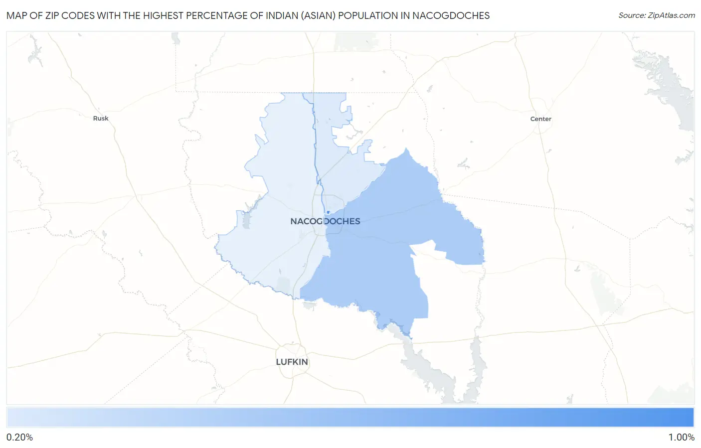 Zip Codes with the Highest Percentage of Indian (Asian) Population in Nacogdoches Map