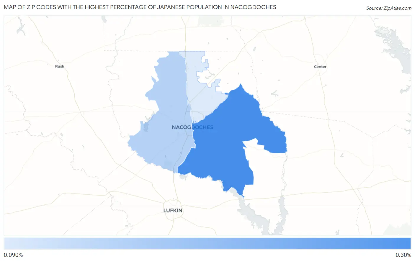 Zip Codes with the Highest Percentage of Japanese Population in Nacogdoches Map