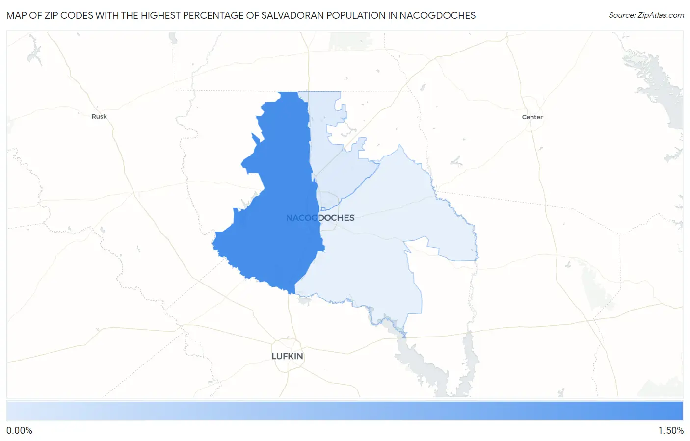 Zip Codes with the Highest Percentage of Salvadoran Population in Nacogdoches Map