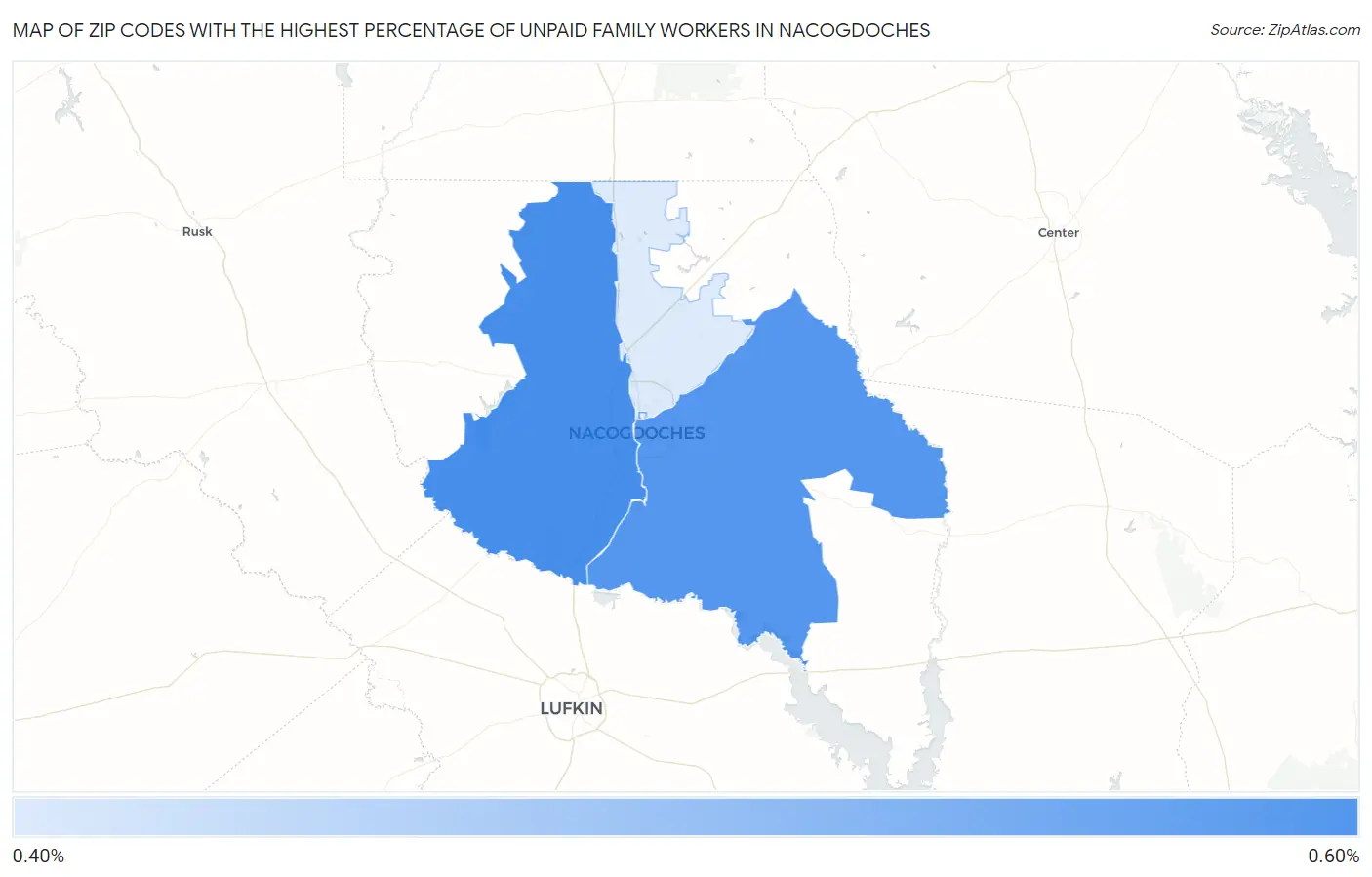 Zip Codes with the Highest Percentage of Unpaid Family Workers in Nacogdoches Map