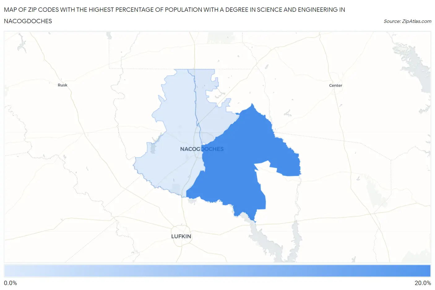 Zip Codes with the Highest Percentage of Population with a Degree in Science and Engineering in Nacogdoches Map