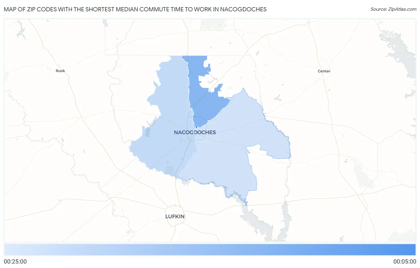 Zip Codes with the Shortest Median Commute Time to Work in Nacogdoches Map