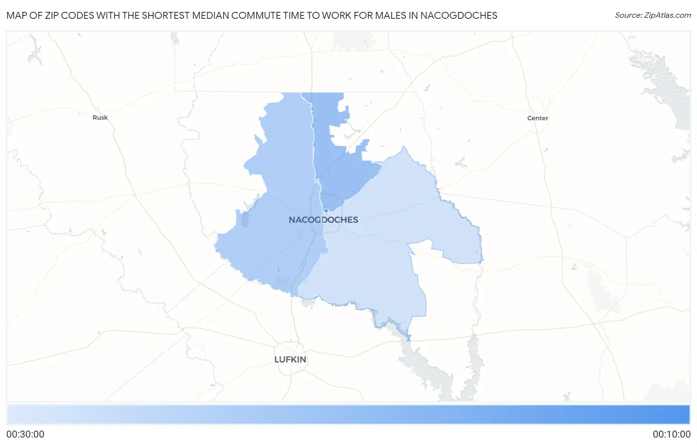 Zip Codes with the Shortest Median Commute Time to Work for Males in Nacogdoches Map