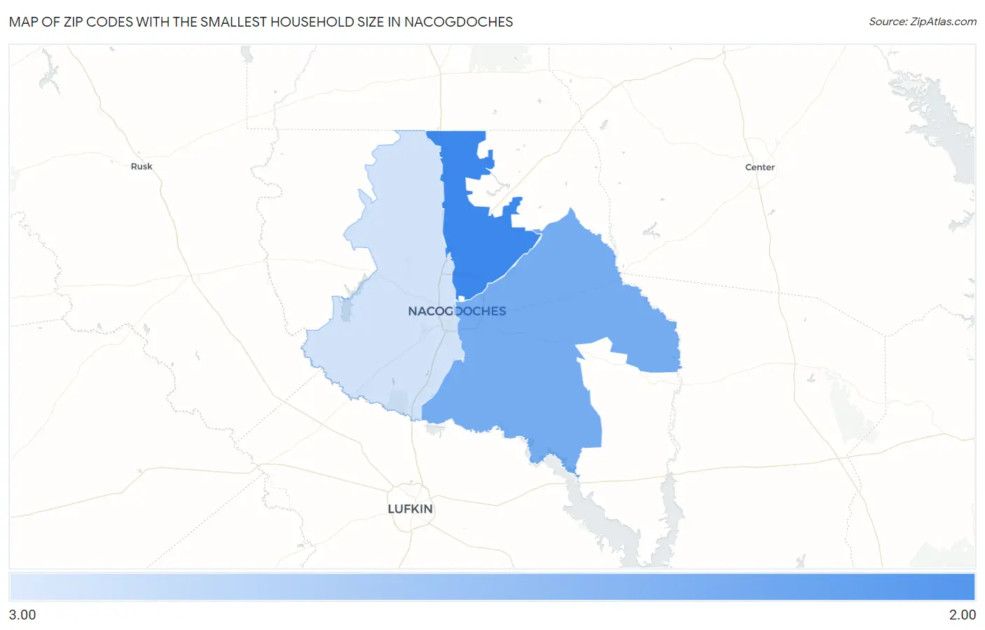 Zip Codes with the Smallest Household Size in Nacogdoches Map