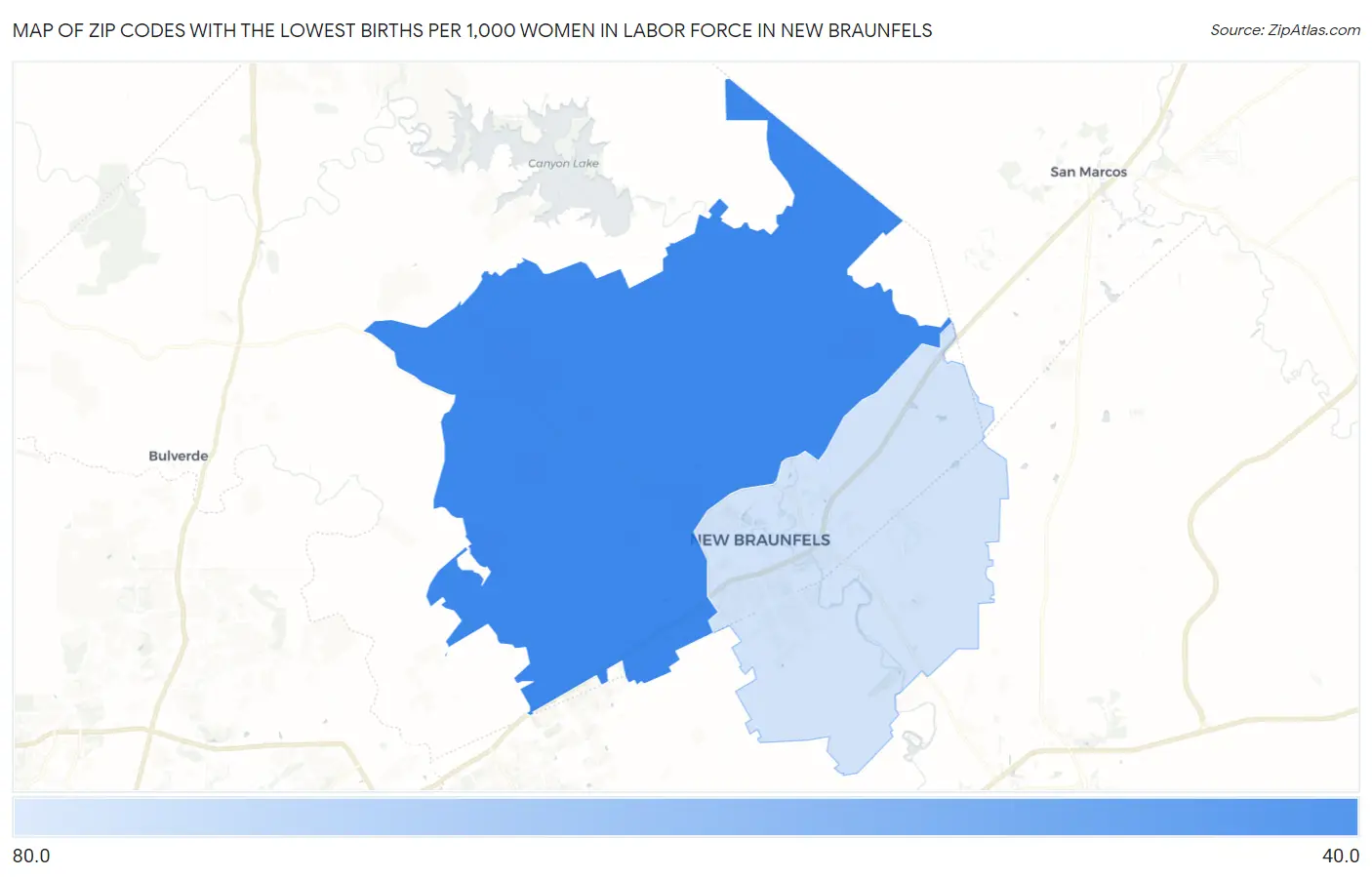 Zip Codes with the Lowest Births per 1,000 Women in Labor Force in New Braunfels Map