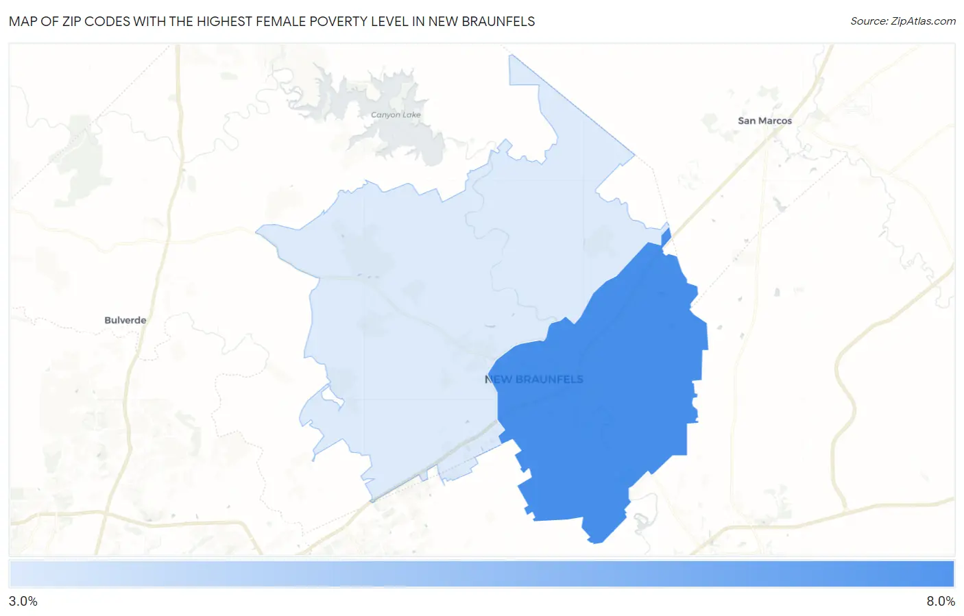 Zip Codes with the Highest Female Poverty Level in New Braunfels Map