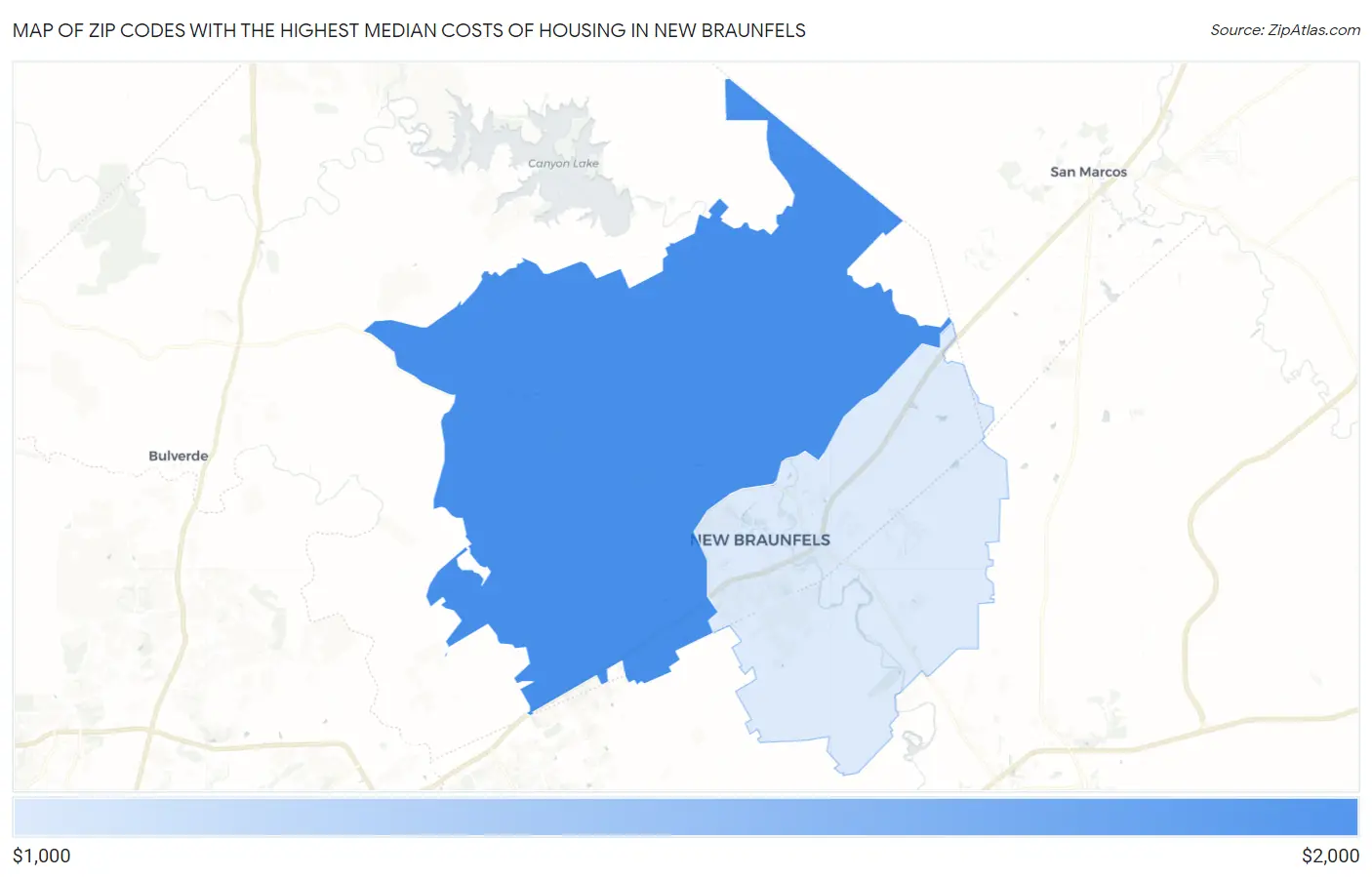 Zip Codes with the Highest Median Costs of Housing in New Braunfels Map