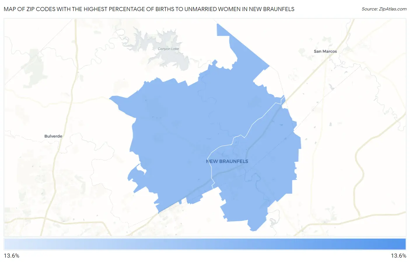 Zip Codes with the Highest Percentage of Births to Unmarried Women in New Braunfels Map
