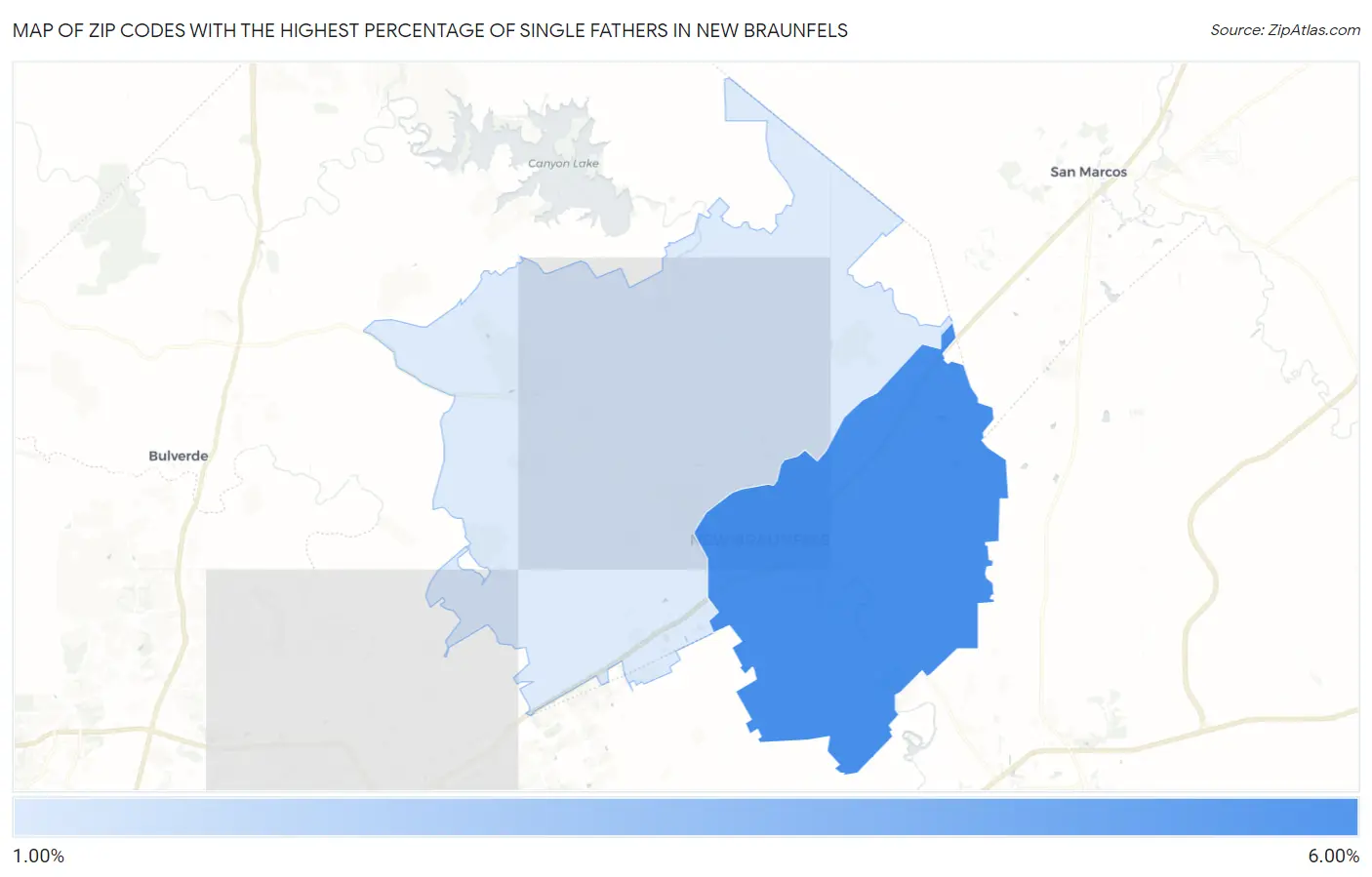 Zip Codes with the Highest Percentage of Single Fathers in New Braunfels Map