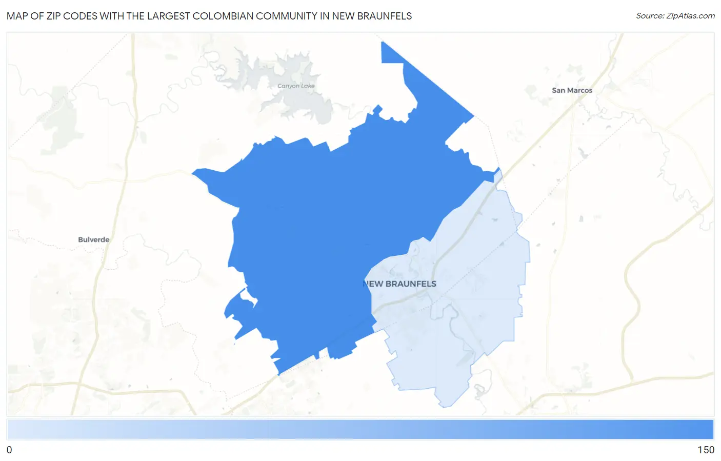 Zip Codes with the Largest Colombian Community in New Braunfels Map