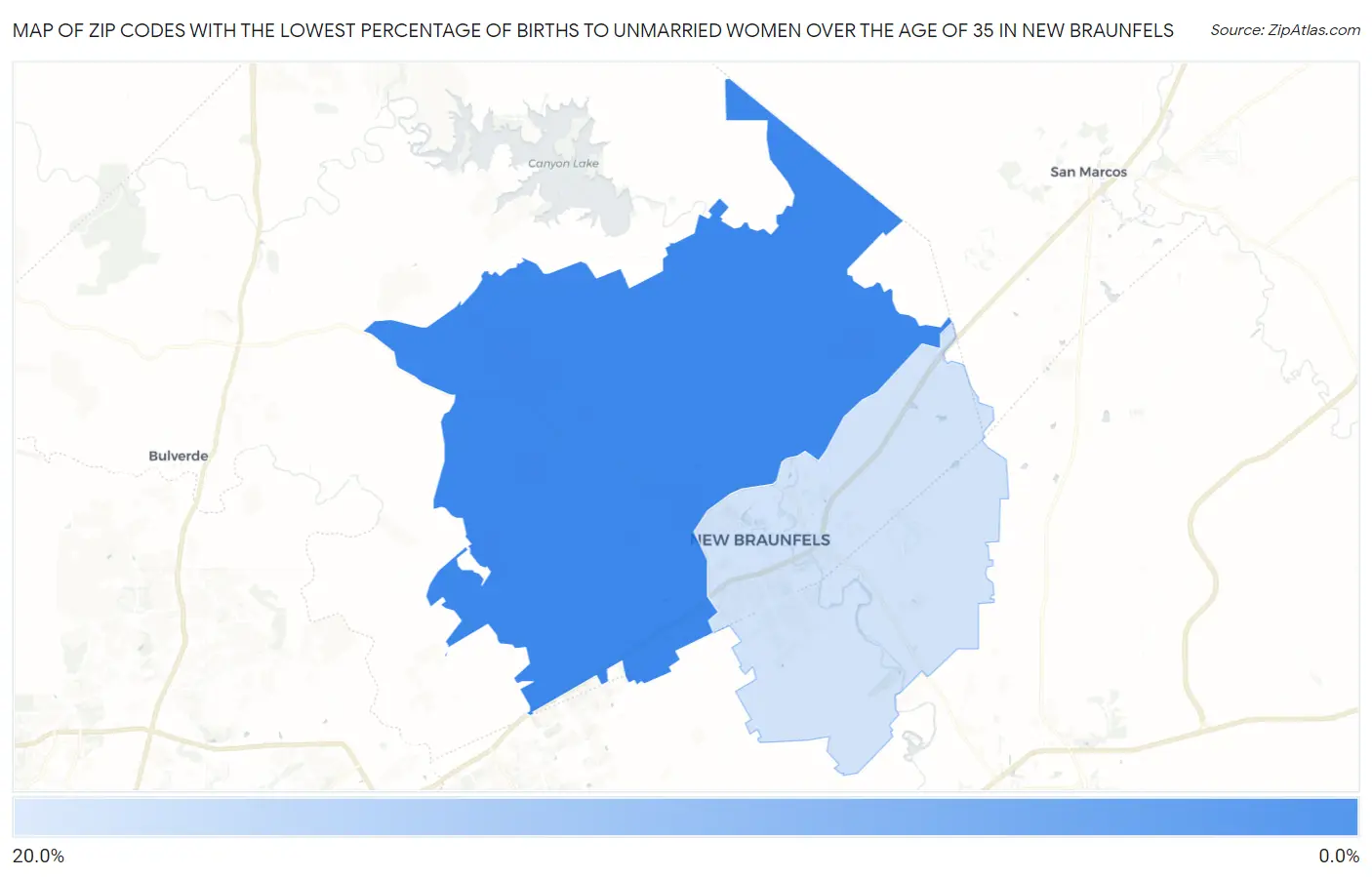 Zip Codes with the Lowest Percentage of Births to Unmarried Women over the Age of 35 in New Braunfels Map