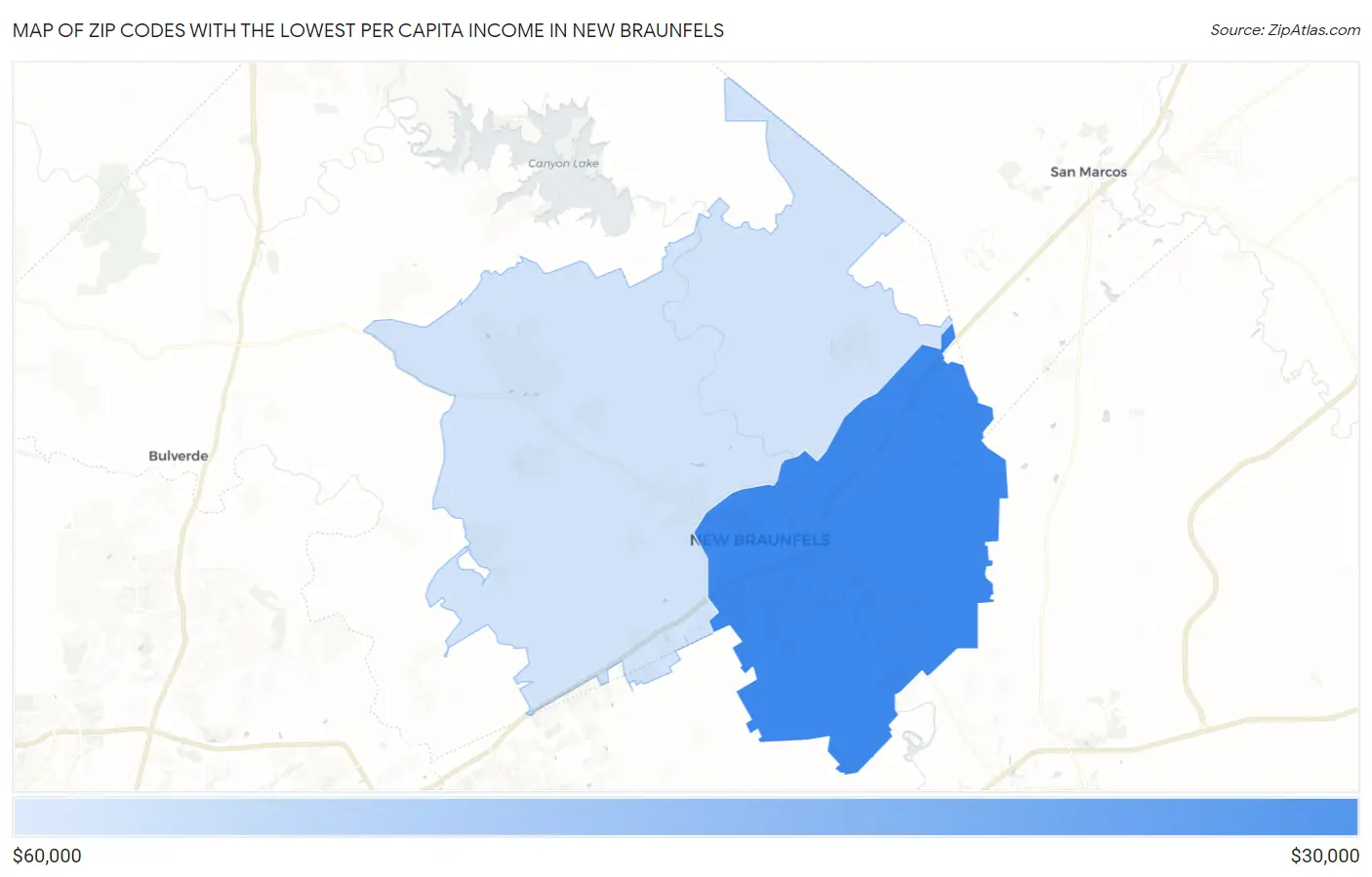 Zip Codes with the Lowest Per Capita Income in New Braunfels Map