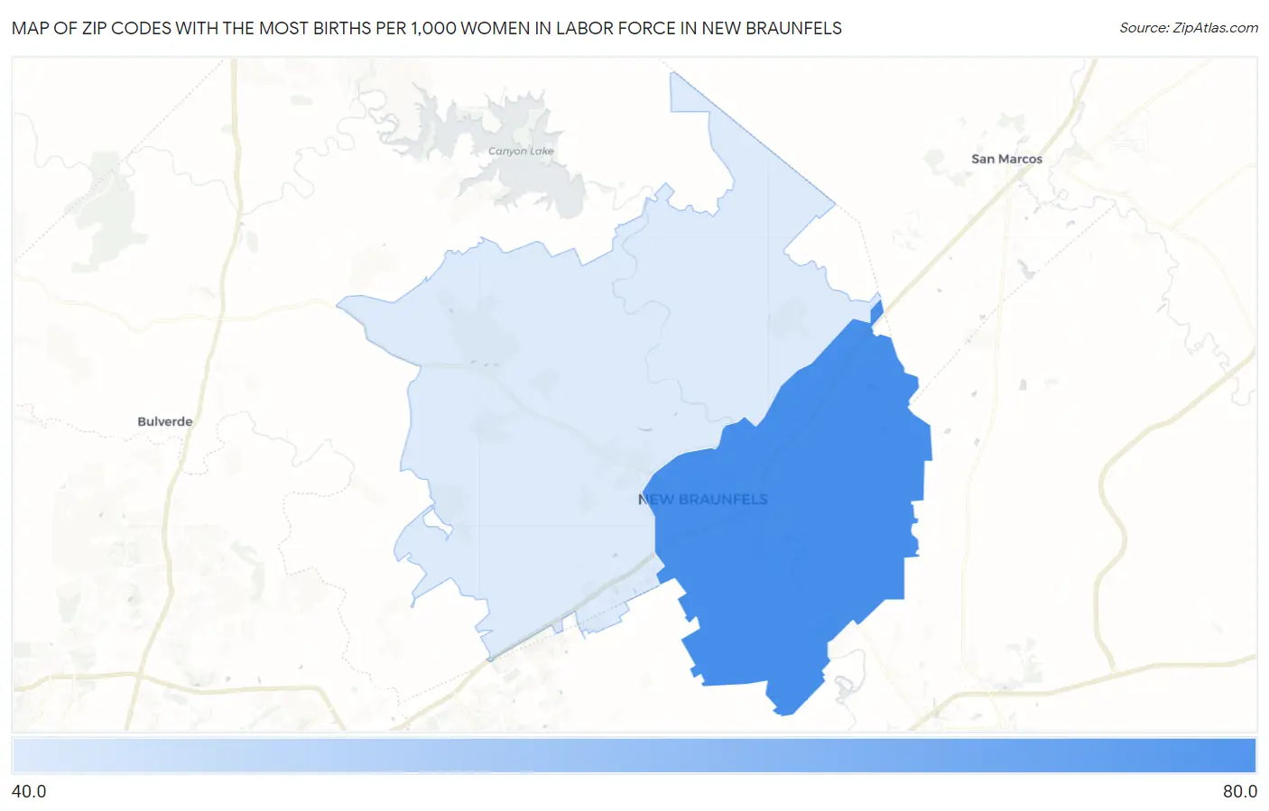 Zip Codes with the Most Births per 1,000 Women in Labor Force in New Braunfels Map