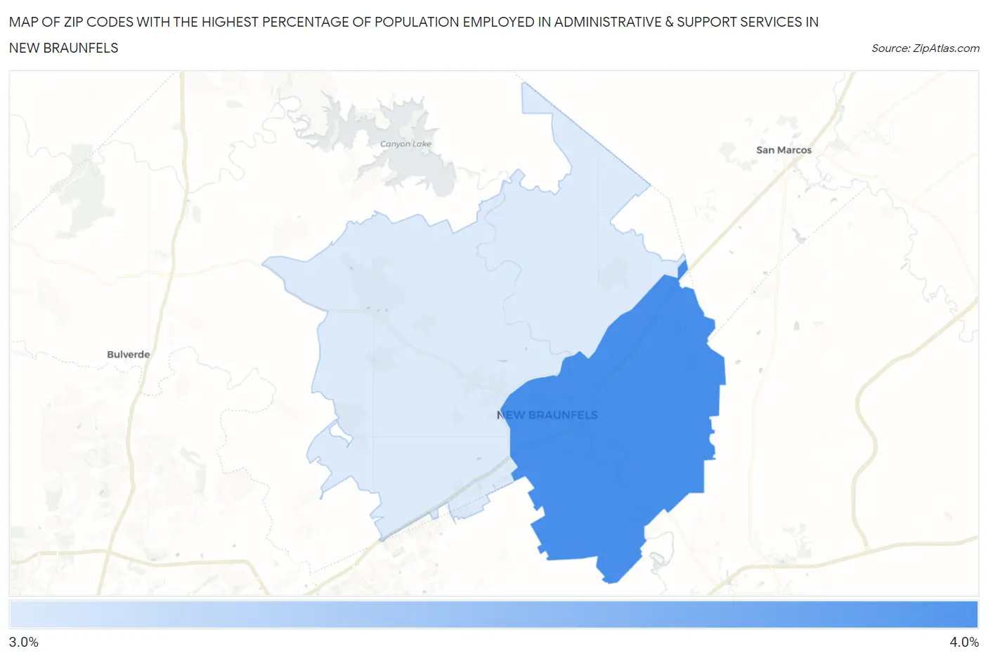 Zip Codes with the Highest Percentage of Population Employed in Administrative & Support Services in New Braunfels Map