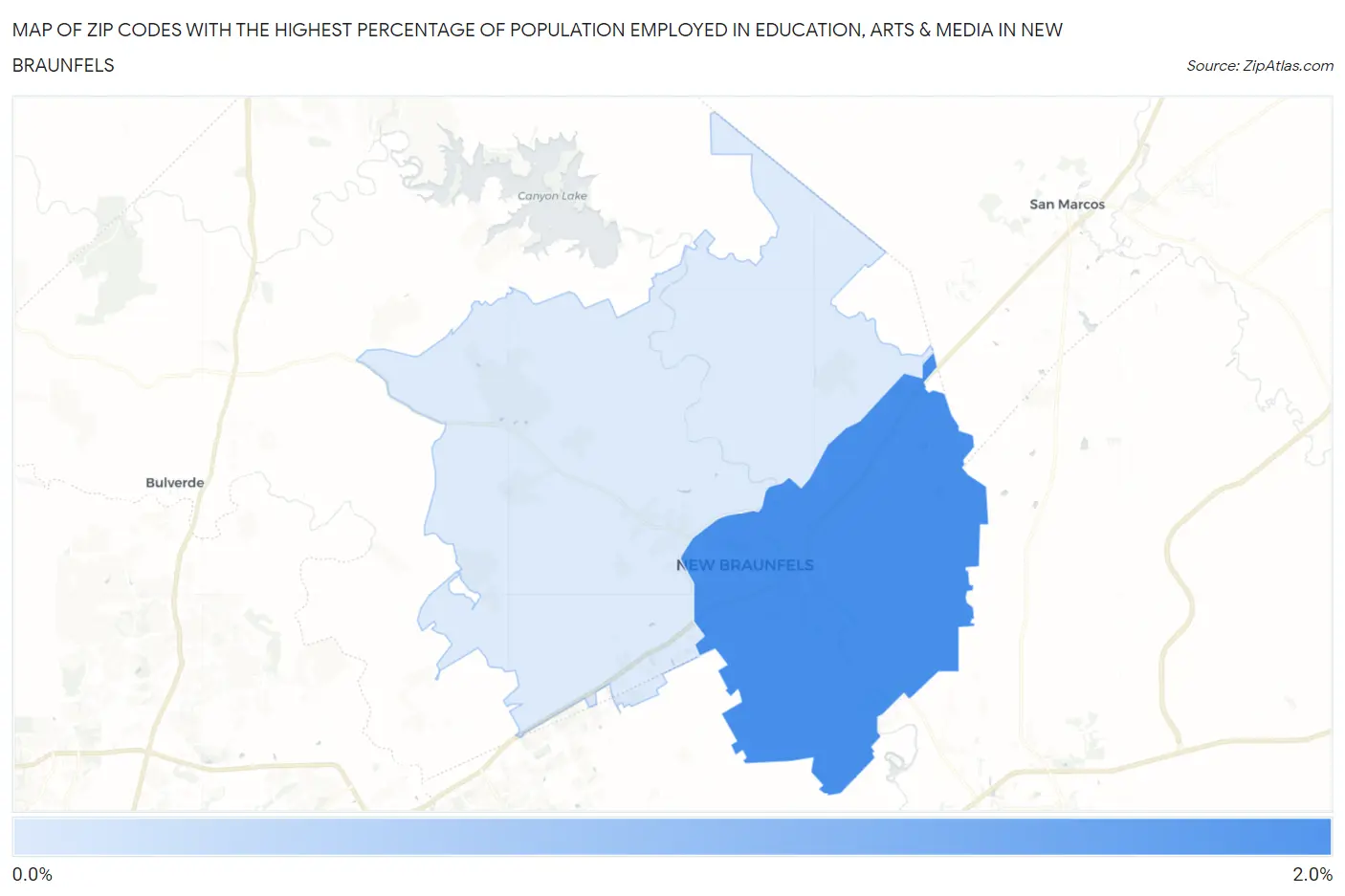 Zip Codes with the Highest Percentage of Population Employed in Education, Arts & Media in New Braunfels Map