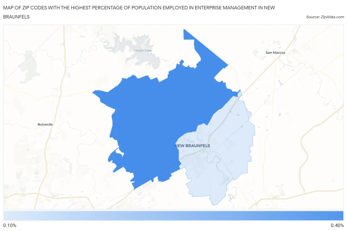 Zip Codes with the Highest Percentage of Population Employed in Enterprise Management in New Braunfels Map