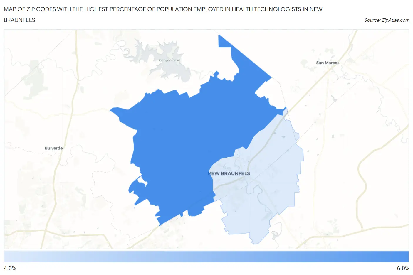 Zip Codes with the Highest Percentage of Population Employed in Health Technologists in New Braunfels Map
