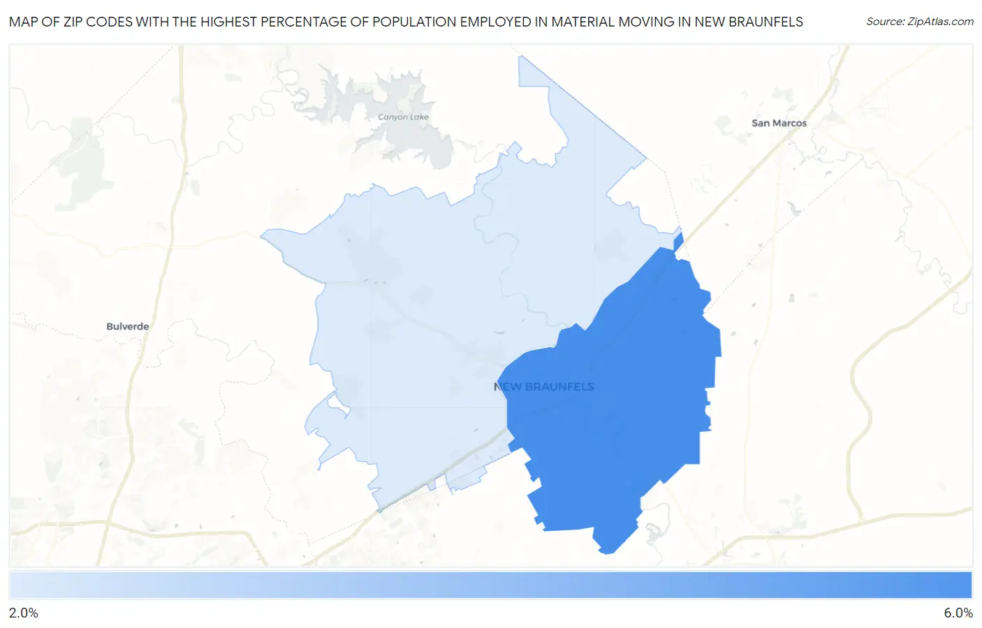 Zip Codes with the Highest Percentage of Population Employed in Material Moving in New Braunfels Map