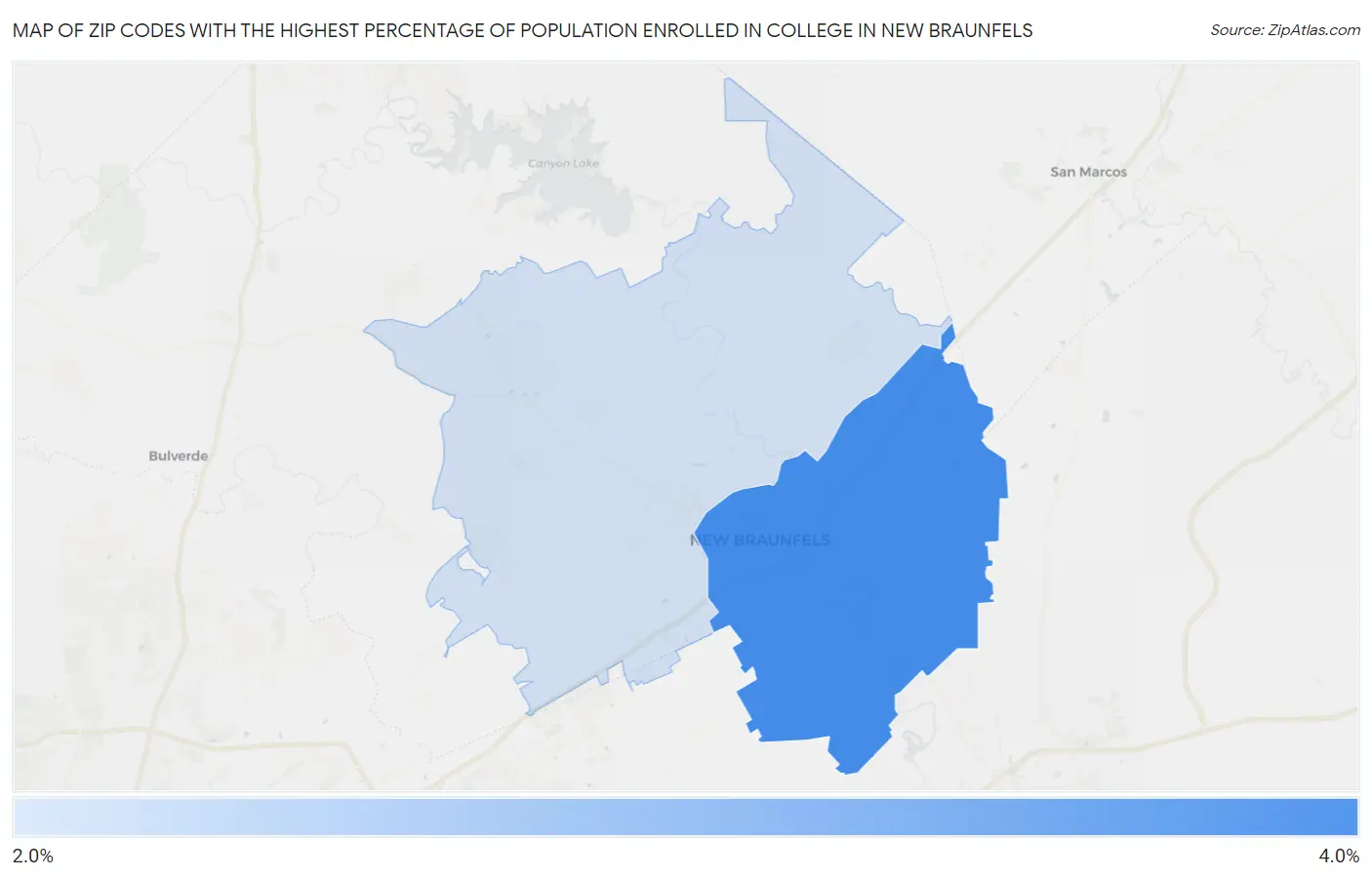Zip Codes with the Highest Percentage of Population Enrolled in College in New Braunfels Map