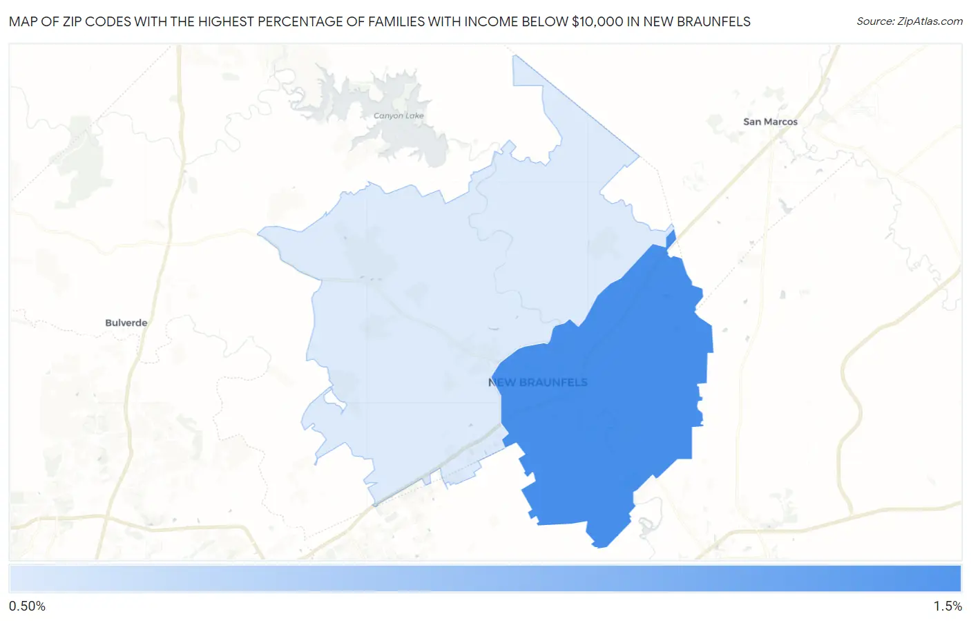 Zip Codes with the Highest Percentage of Families with Income Below $10,000 in New Braunfels Map