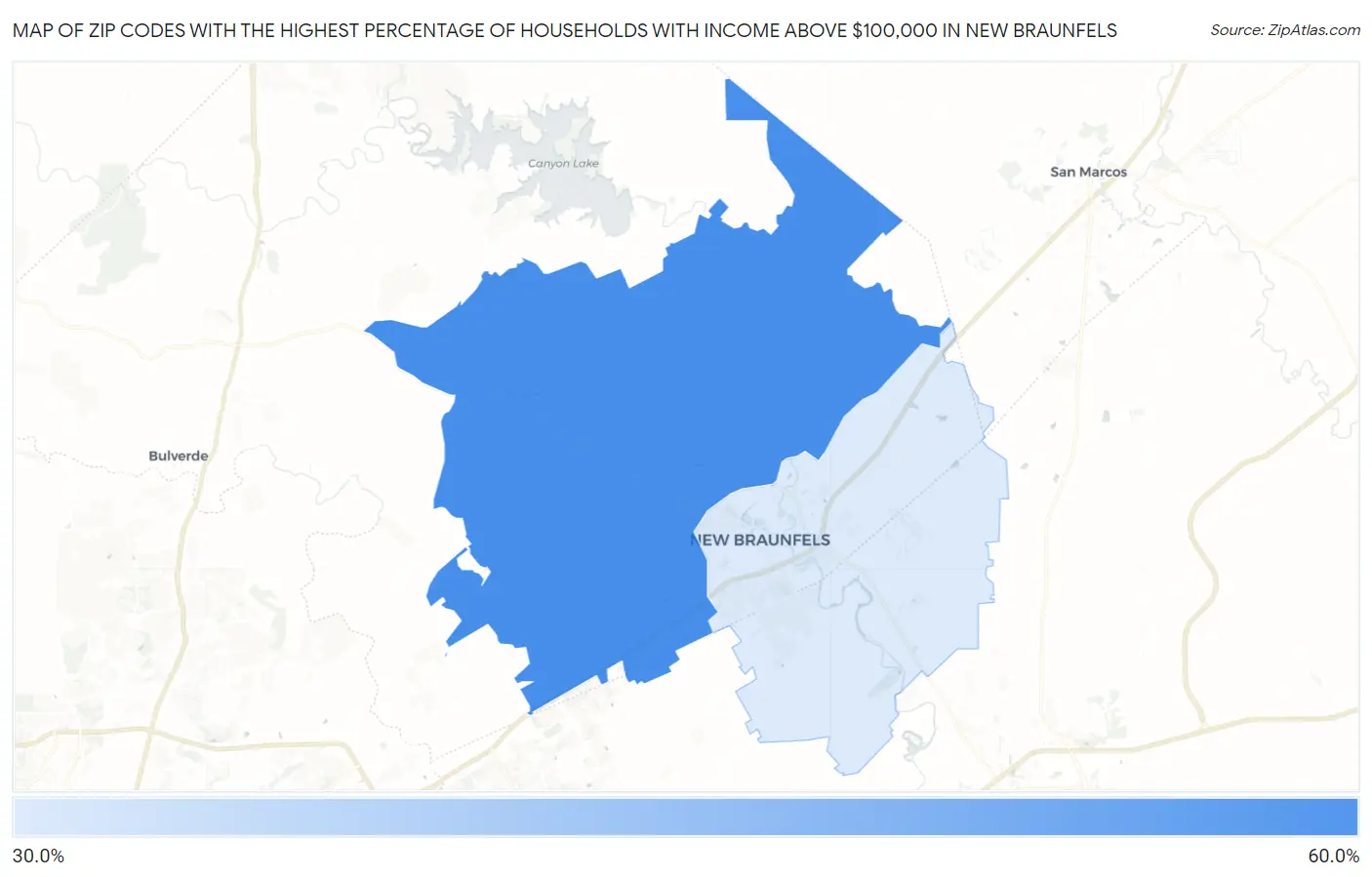 Zip Codes with the Highest Percentage of Households with Income Above $100,000 in New Braunfels Map