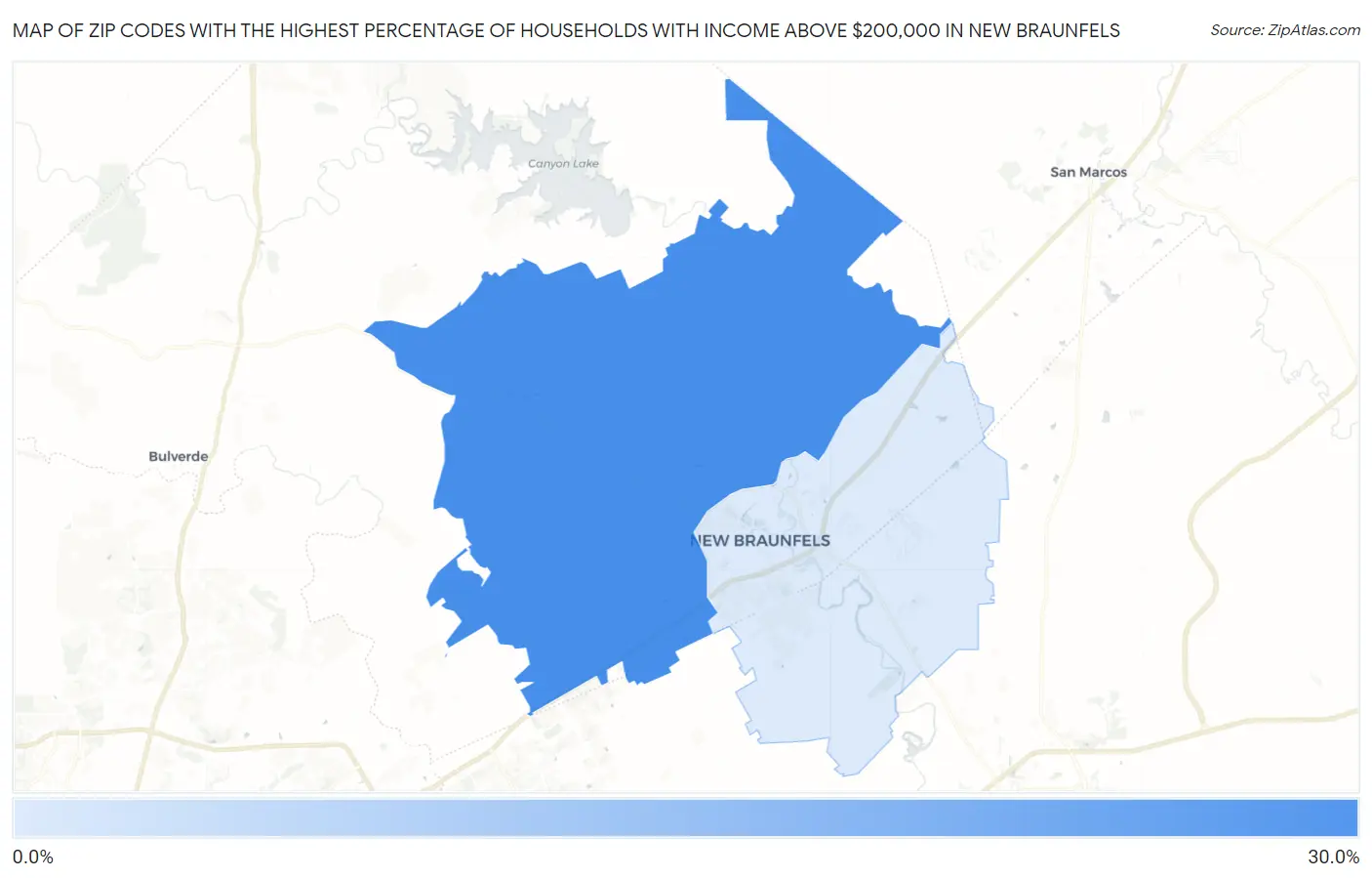 Zip Codes with the Highest Percentage of Households with Income Above $200,000 in New Braunfels Map