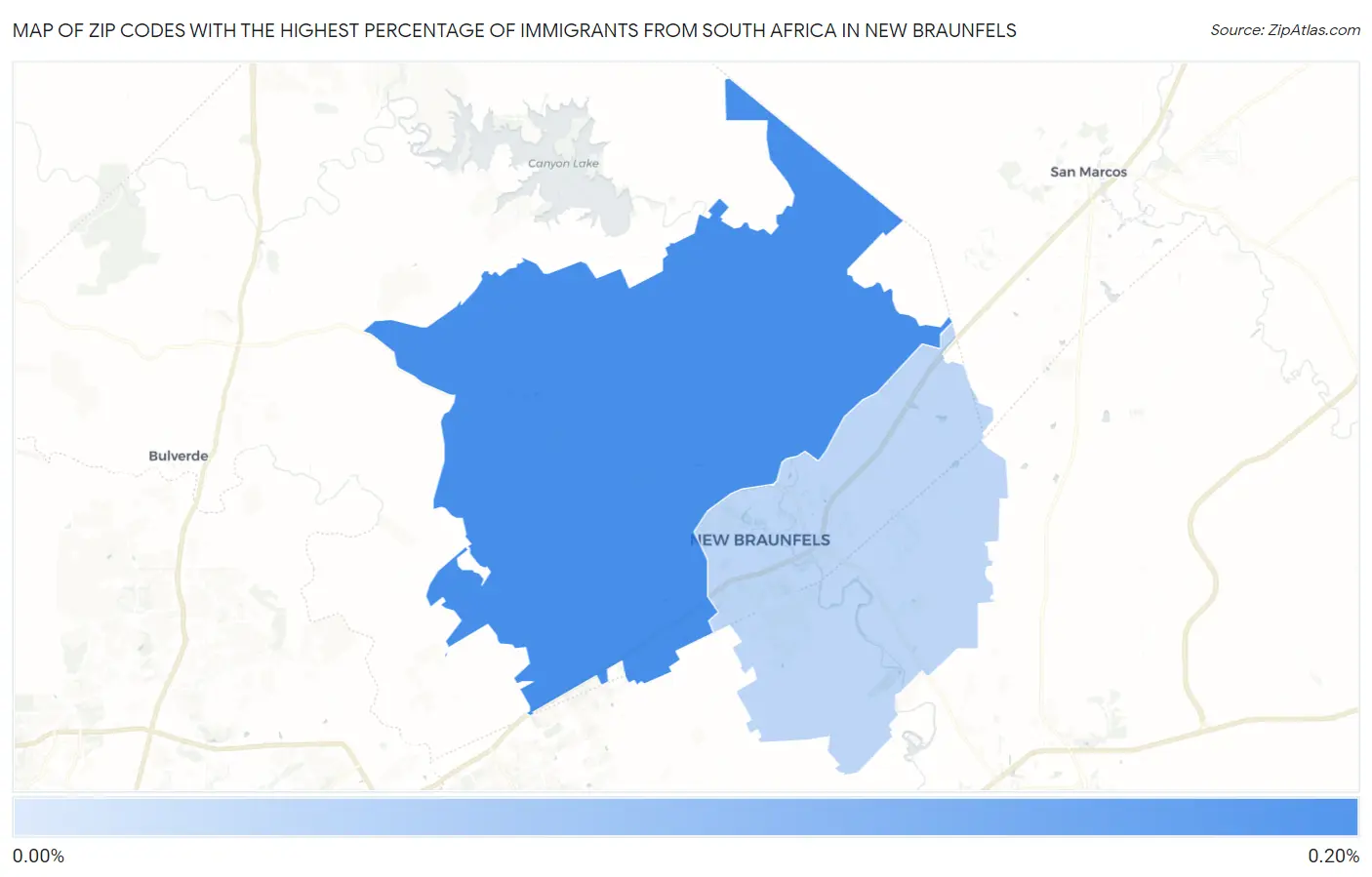 Zip Codes with the Highest Percentage of Immigrants from South Africa in New Braunfels Map