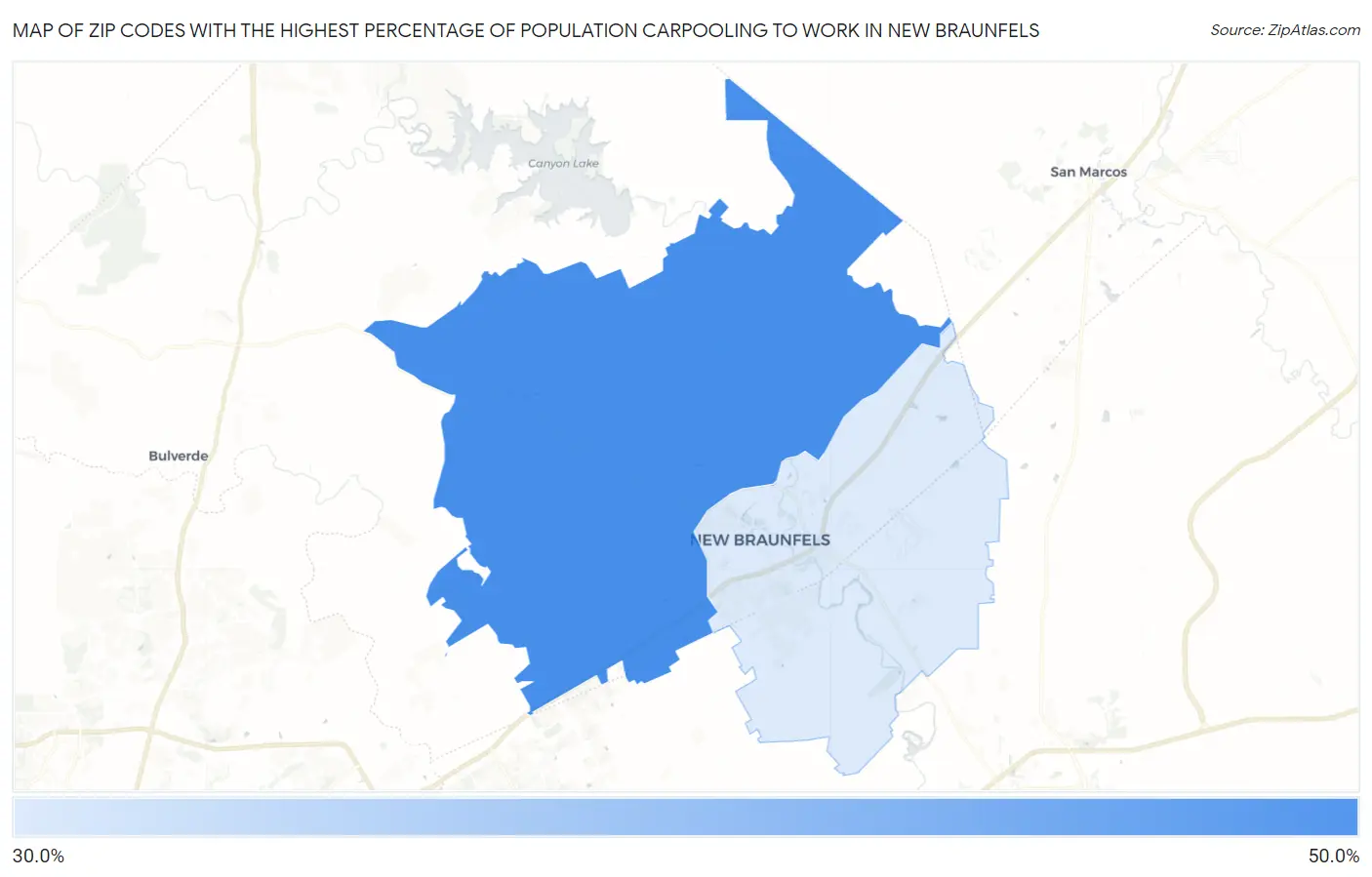 Zip Codes with the Highest Percentage of Population Carpooling to Work in New Braunfels Map