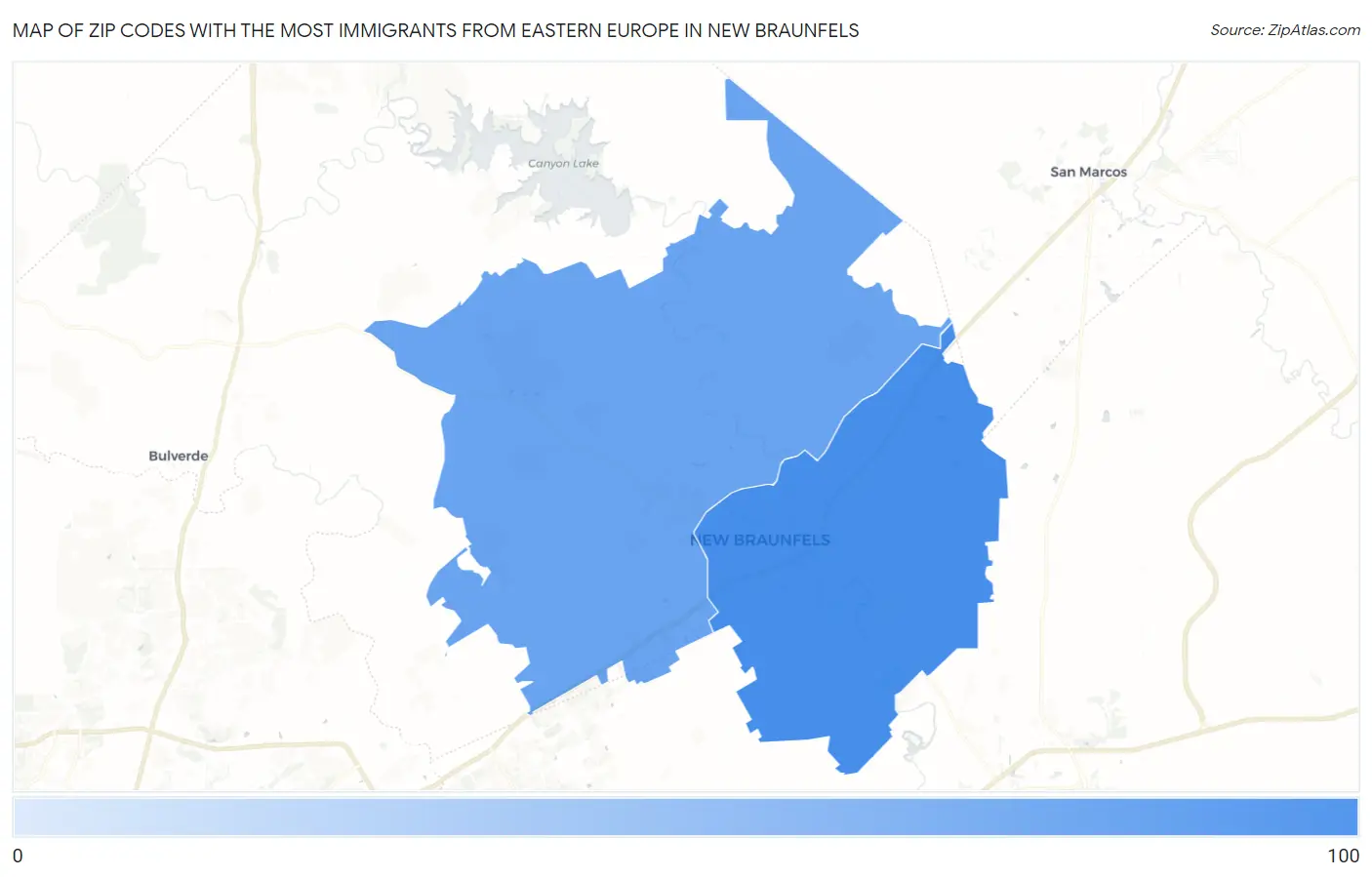 Zip Codes with the Most Immigrants from Eastern Europe in New Braunfels Map