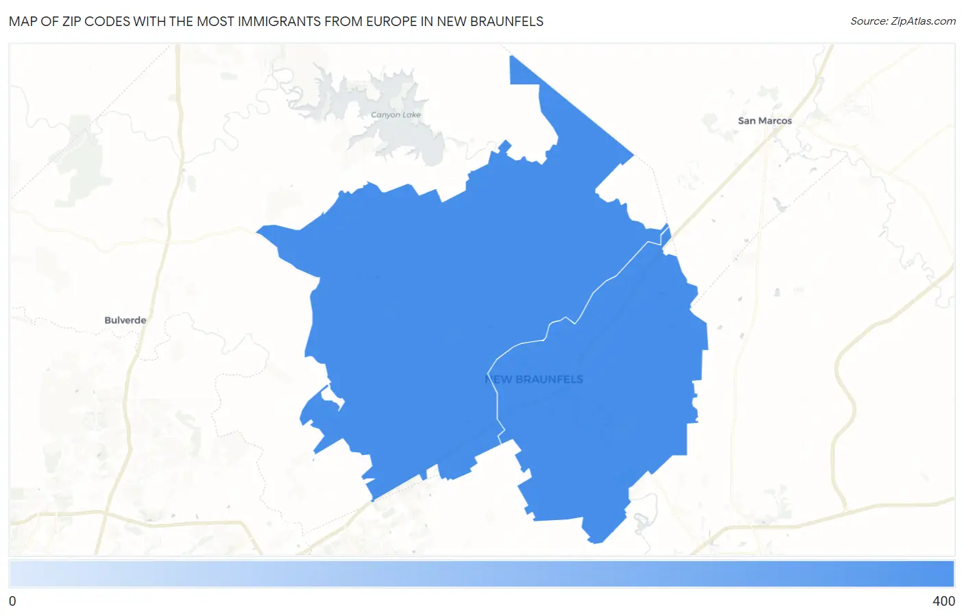 Zip Codes with the Most Immigrants from Europe in New Braunfels Map