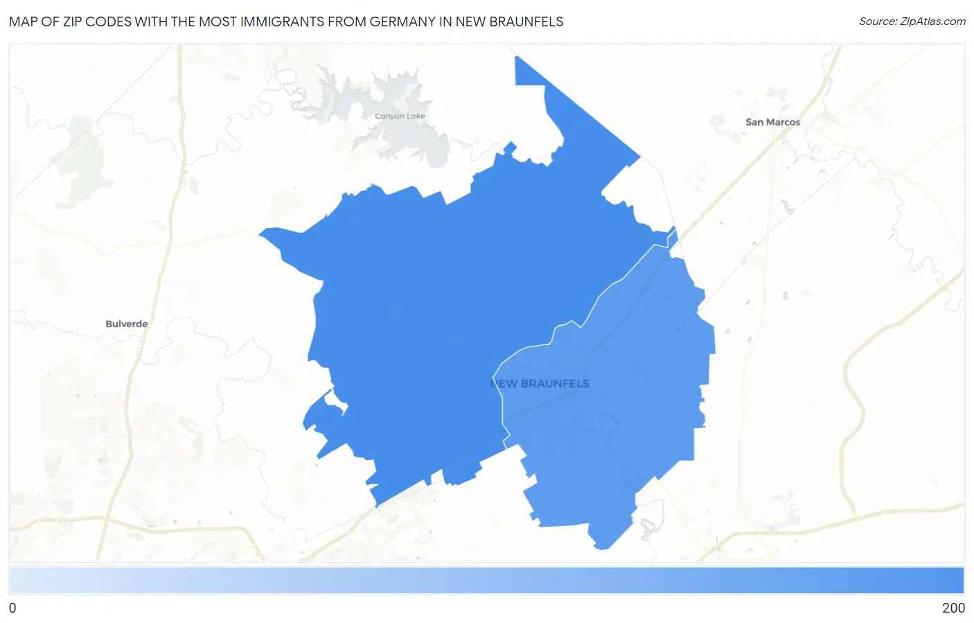 Zip Codes with the Most Immigrants from Germany in New Braunfels Map