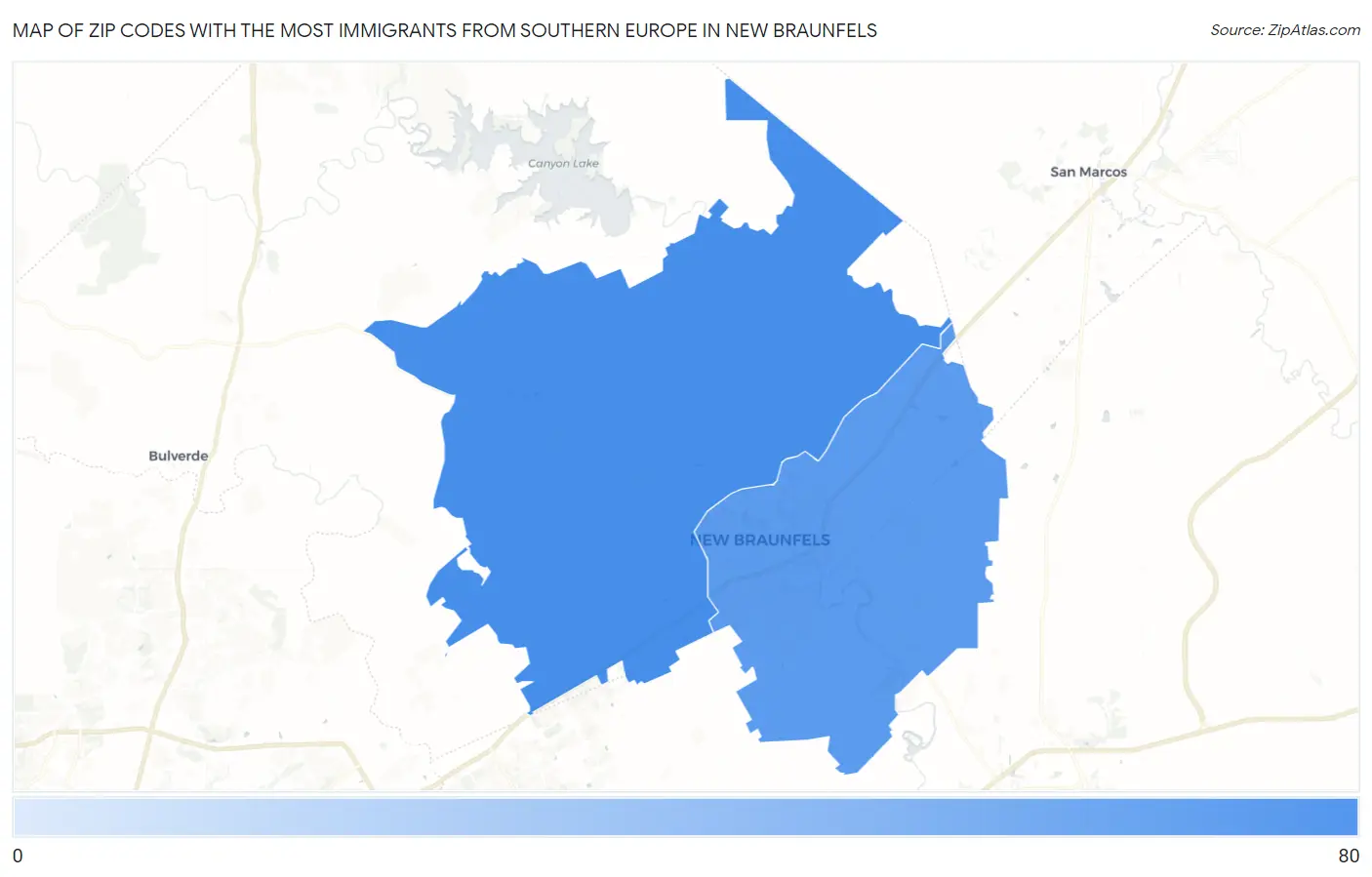 Zip Codes with the Most Immigrants from Southern Europe in New Braunfels Map