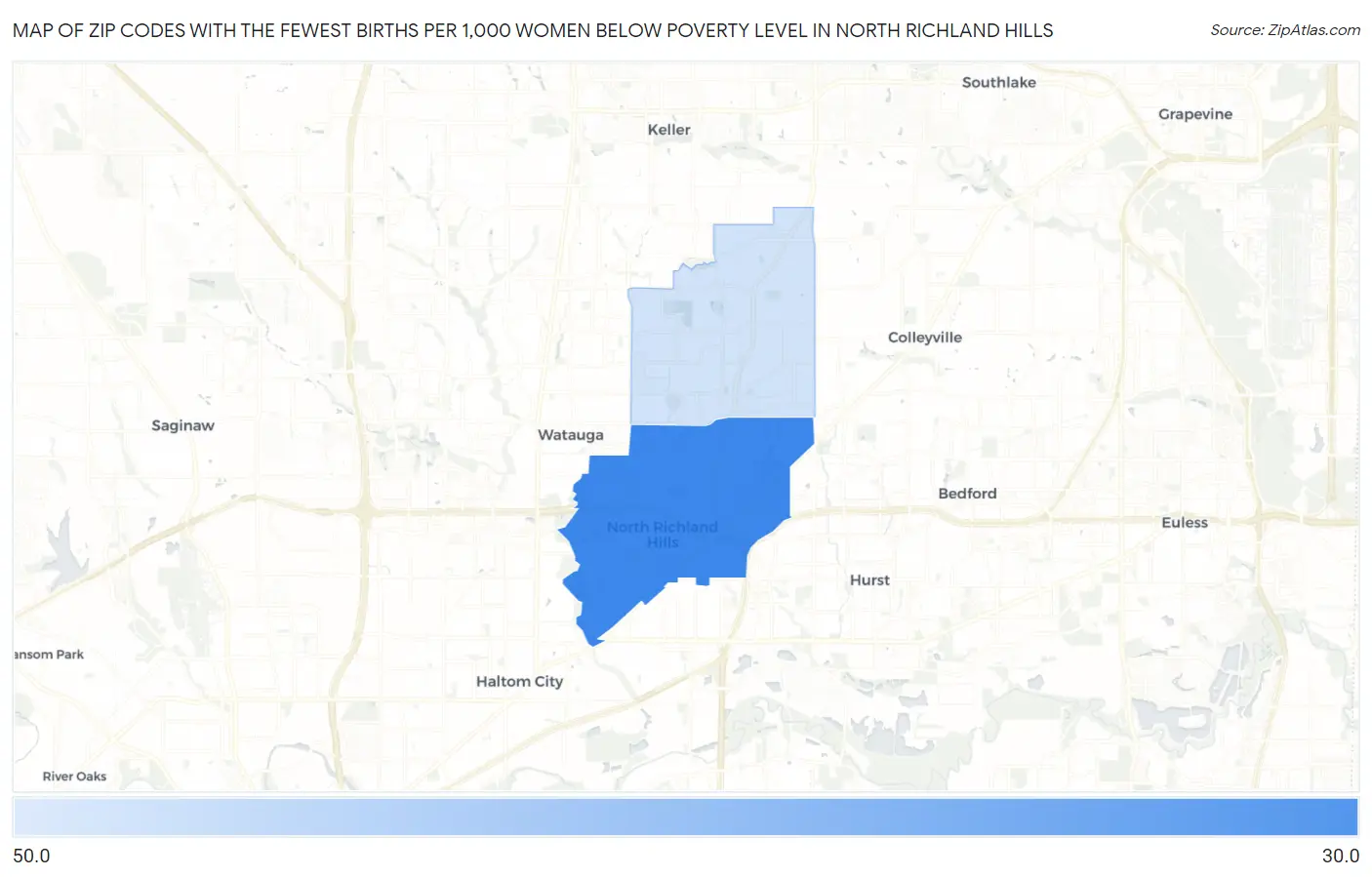 Zip Codes with the Fewest Births per 1,000 Women Below Poverty Level in North Richland Hills Map