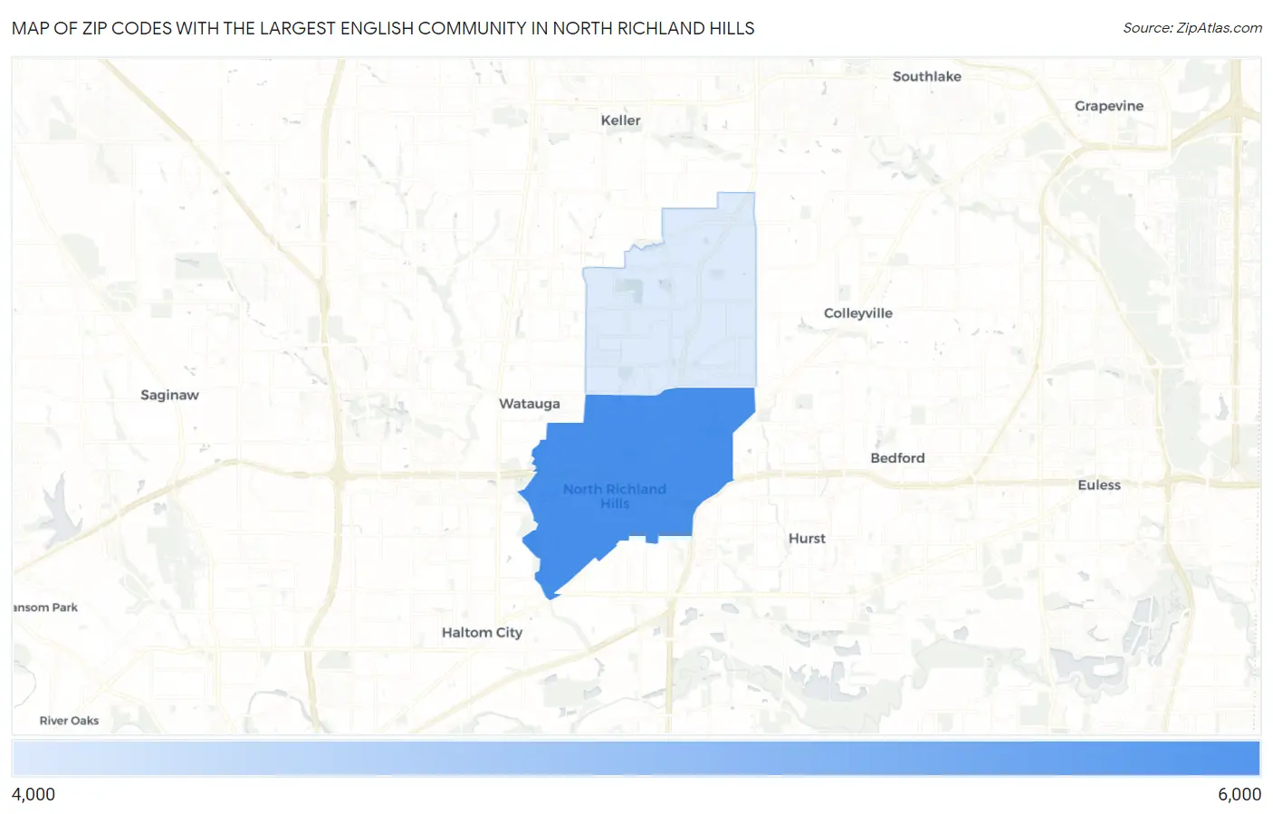 Zip Codes with the Largest English Community in North Richland Hills Map