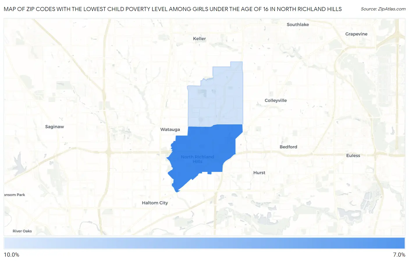 Zip Codes with the Lowest Child Poverty Level Among Girls Under the Age of 16 in North Richland Hills Map