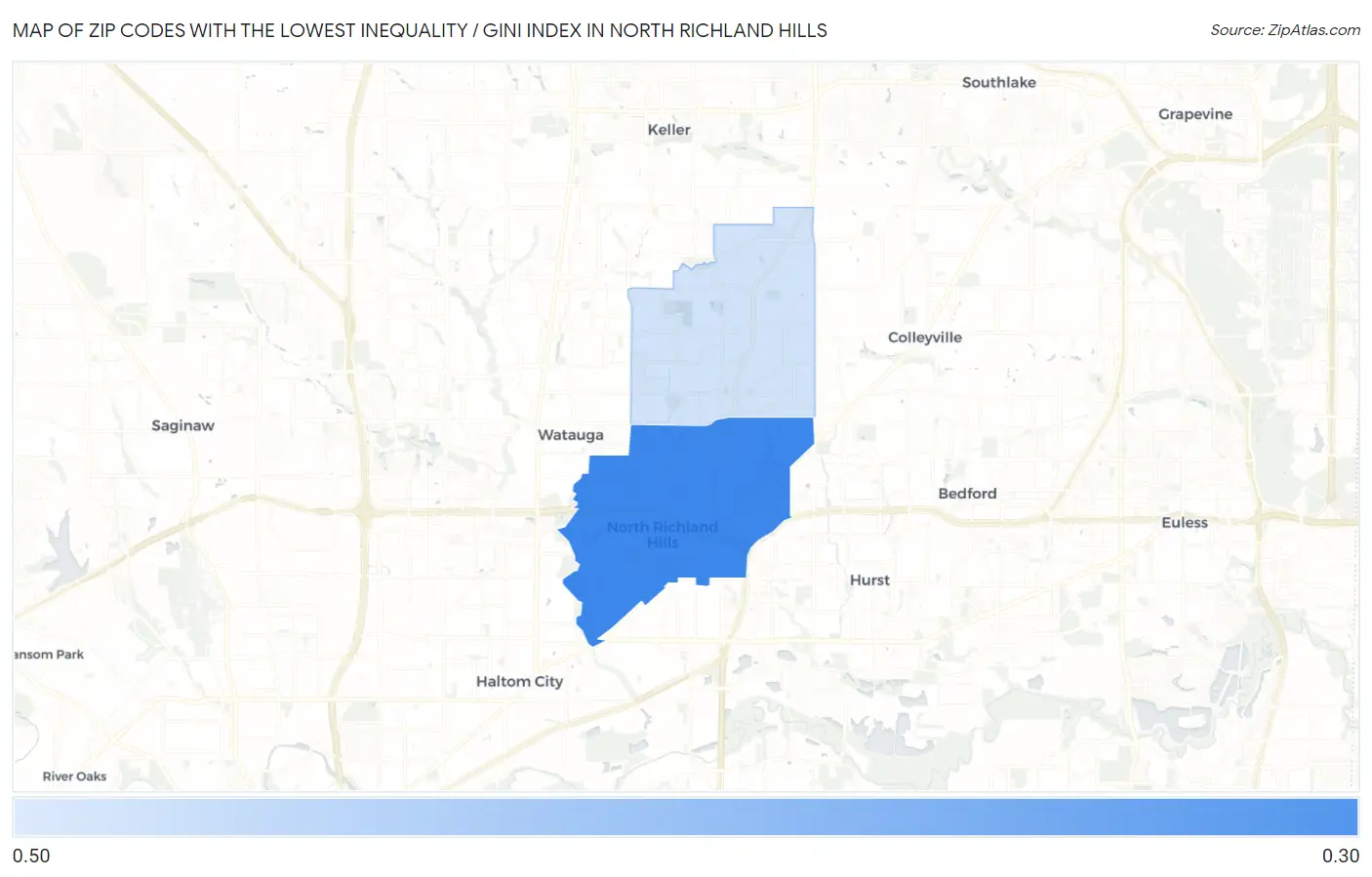 Zip Codes with the Lowest Inequality / Gini Index in North Richland Hills Map
