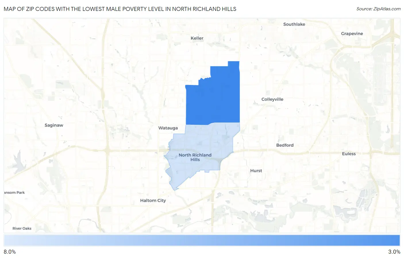 Zip Codes with the Lowest Male Poverty Level in North Richland Hills Map