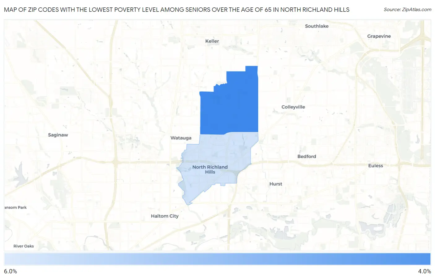 Zip Codes with the Lowest Poverty Level Among Seniors Over the Age of 65 in North Richland Hills Map