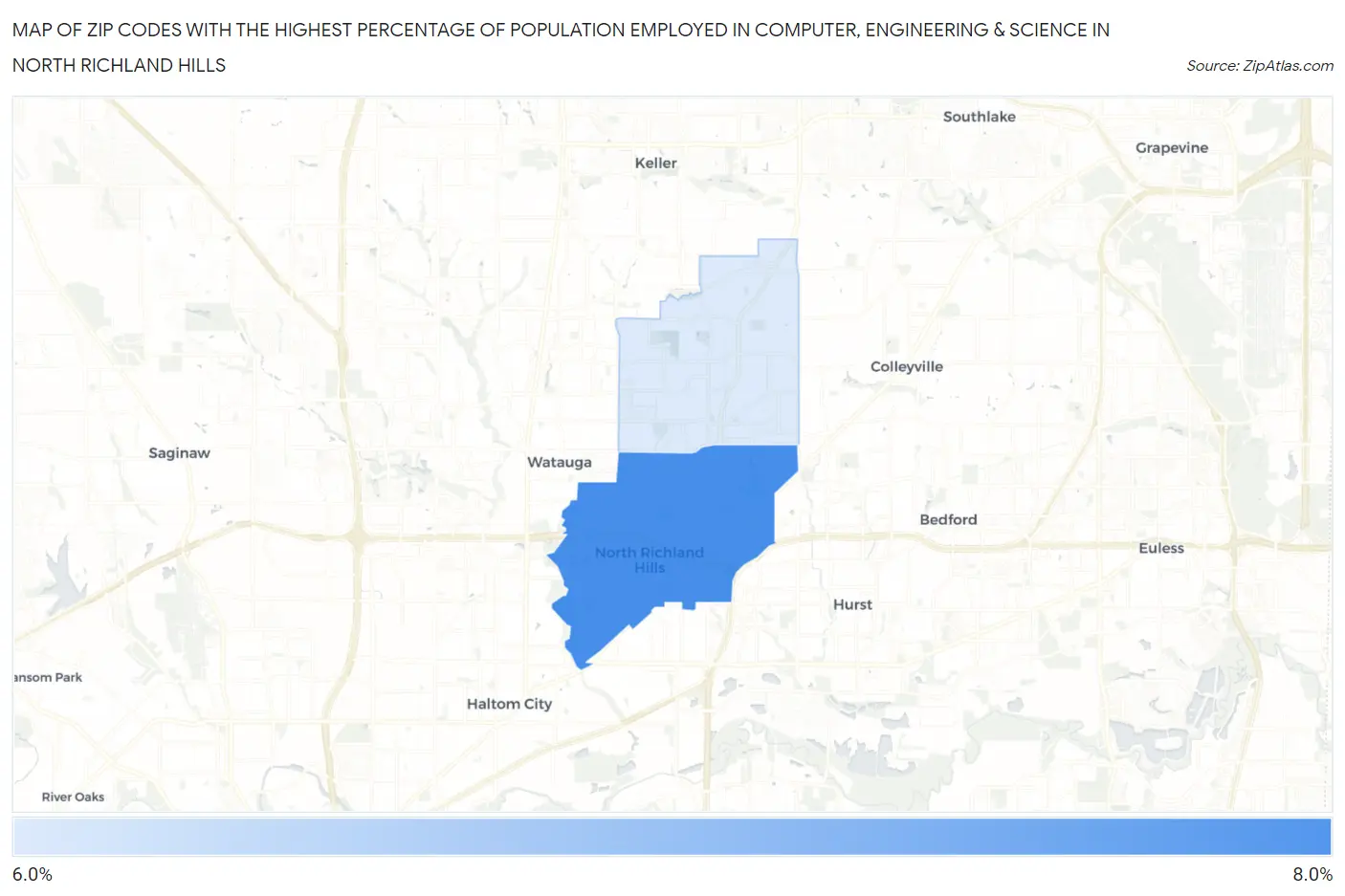 Zip Codes with the Highest Percentage of Population Employed in Computer, Engineering & Science in North Richland Hills Map