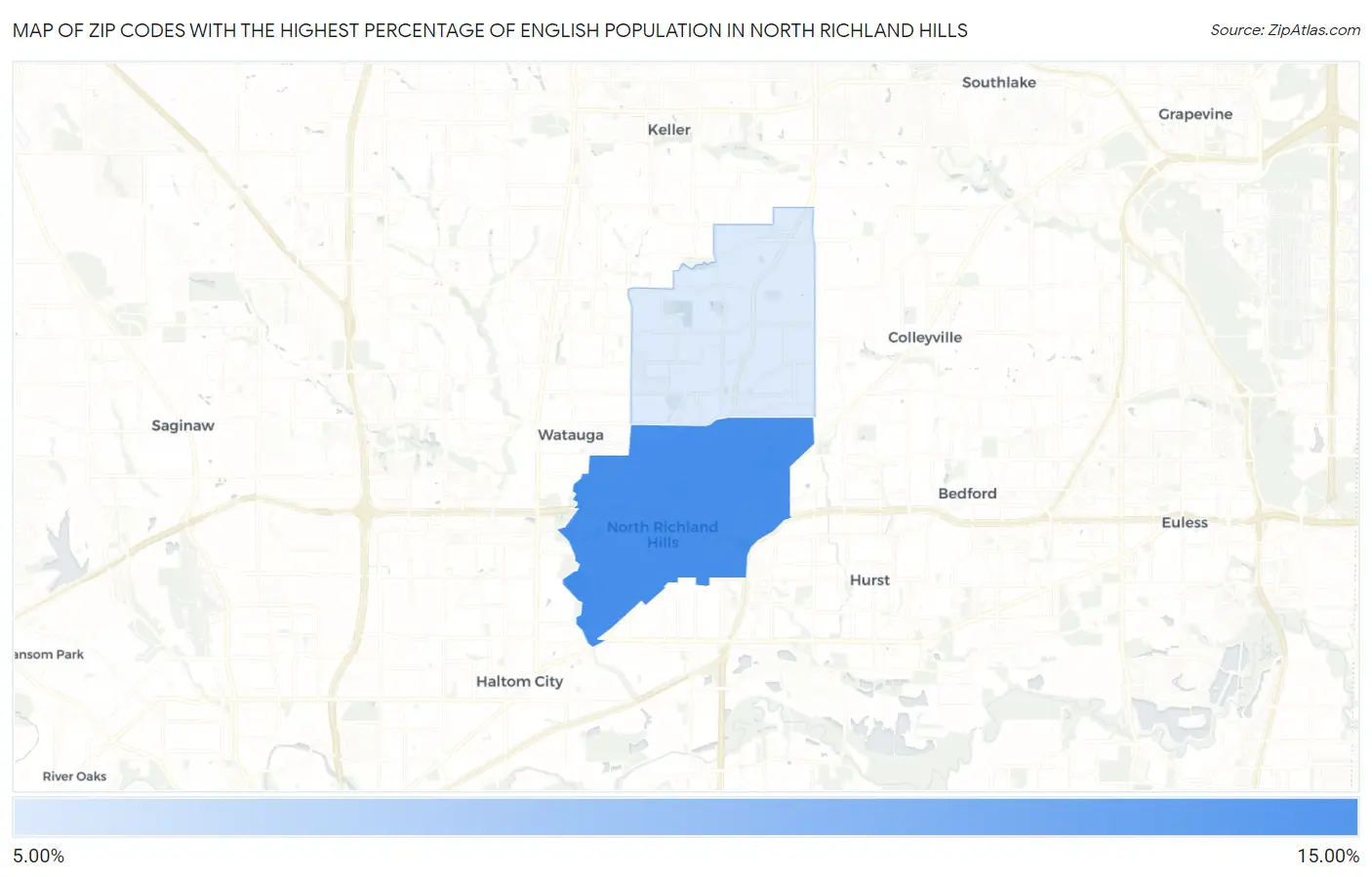 Zip Codes with the Highest Percentage of English Population in North Richland Hills Map