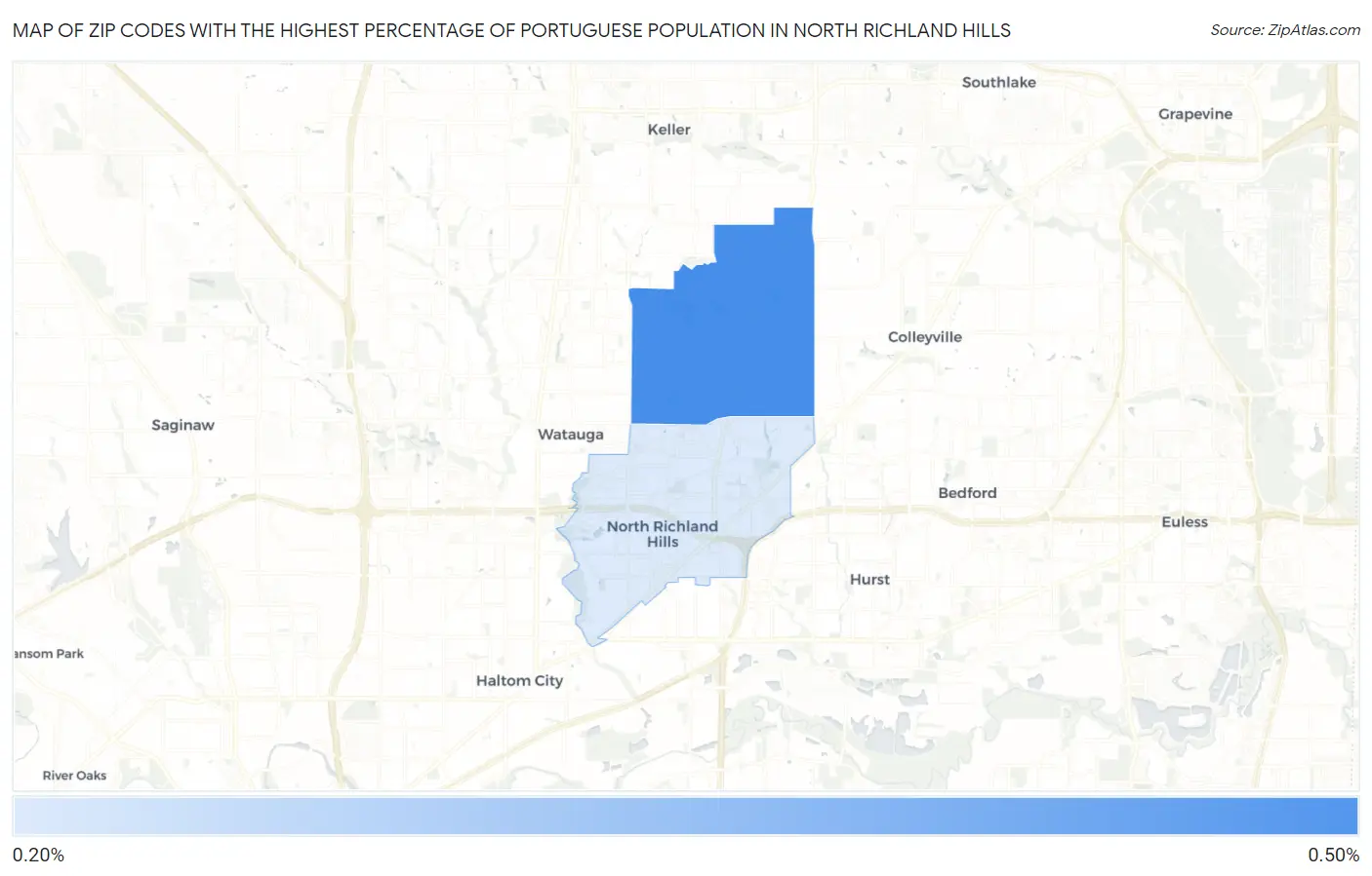 Zip Codes with the Highest Percentage of Portuguese Population in North Richland Hills Map