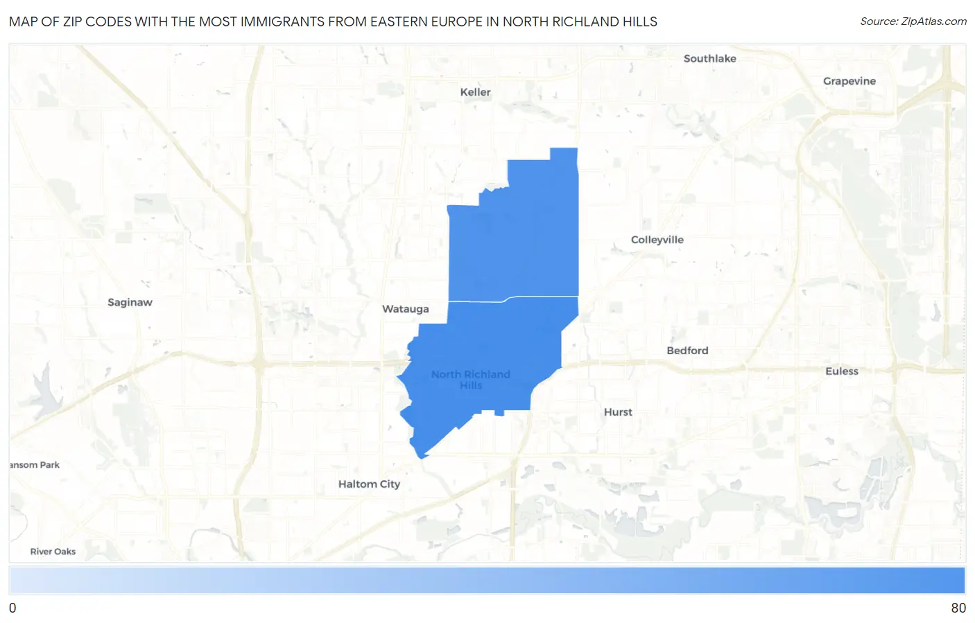 Zip Codes with the Most Immigrants from Eastern Europe in North Richland Hills Map