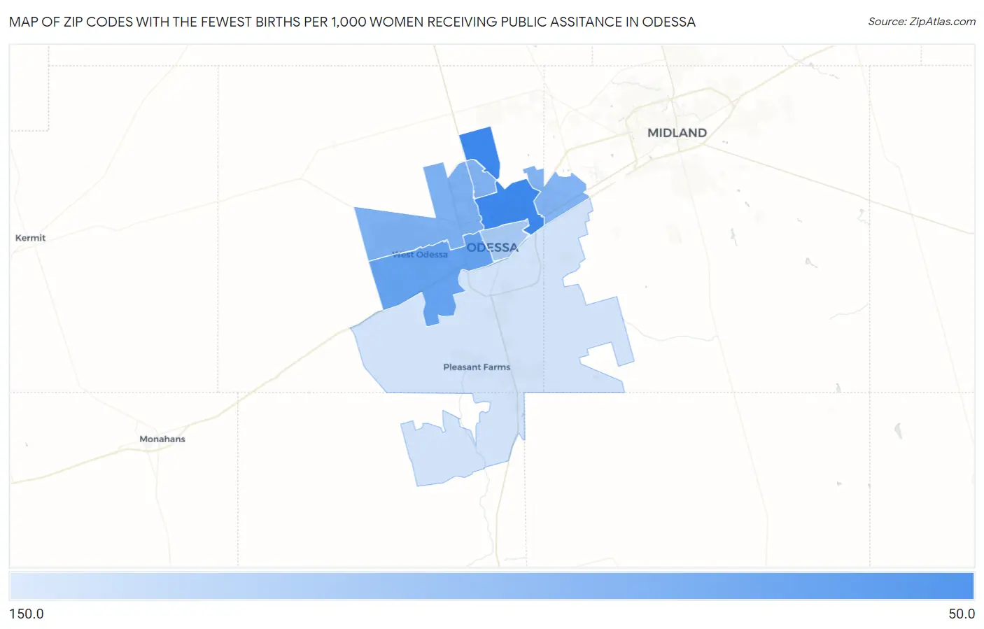 Zip Codes with the Fewest Births per 1,000 Women Receiving Public Assitance in Odessa Map