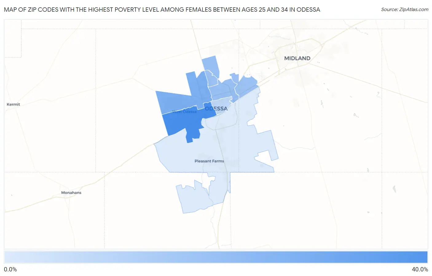 Zip Codes with the Highest Poverty Level Among Females Between Ages 25 and 34 in Odessa Map