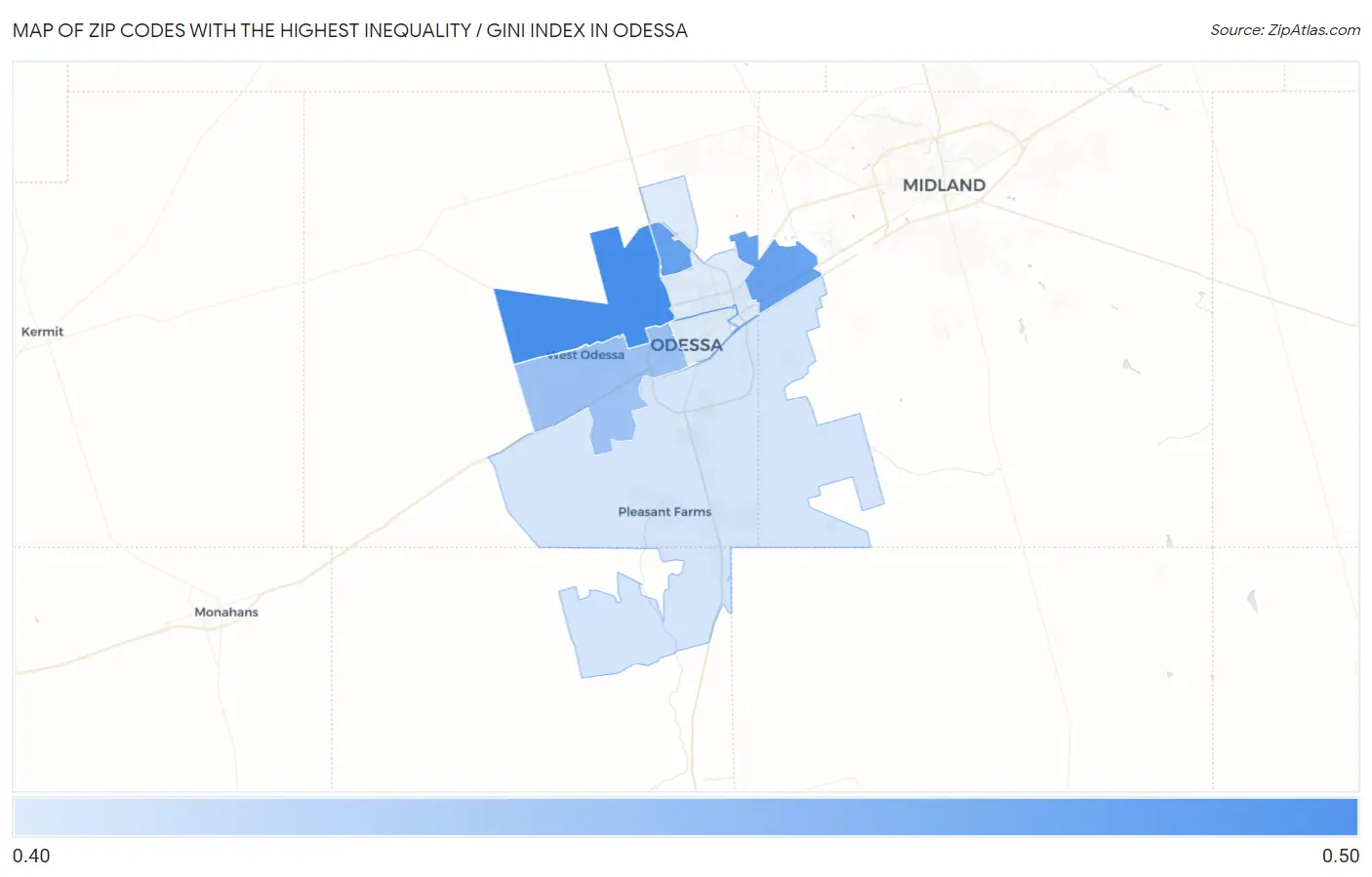 Zip Codes with the Highest Inequality / Gini Index in Odessa Map