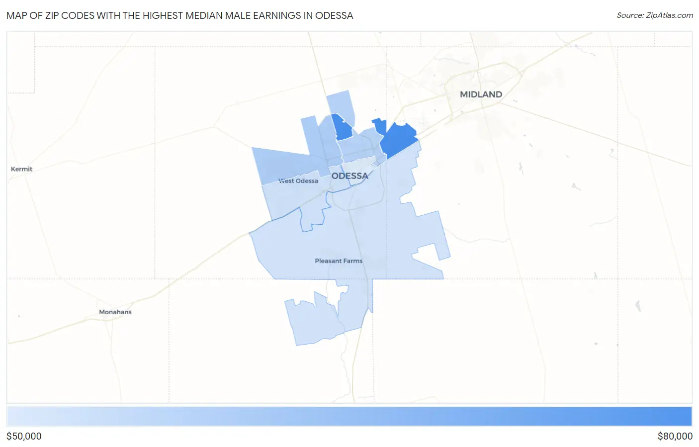 Zip Codes with the Highest Median Male Earnings in Odessa Map